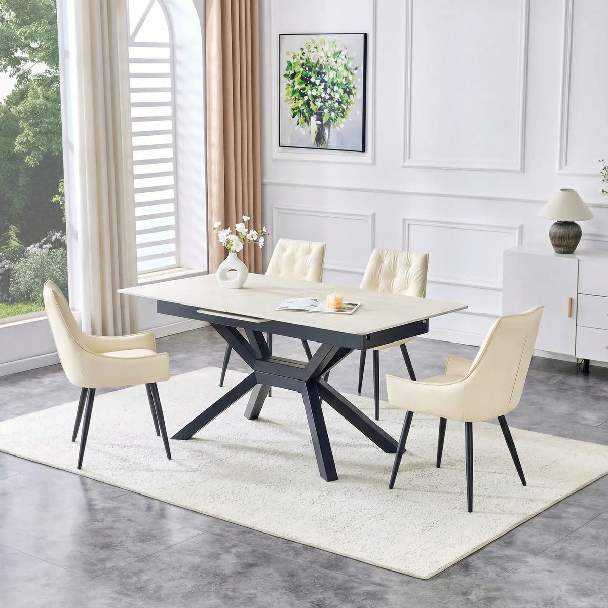 Rectangular Dining Table With Geometric Legs For Dining Room - | 67.01 x 31.6 x 29.9 in | Iron & Metal | Light Gray