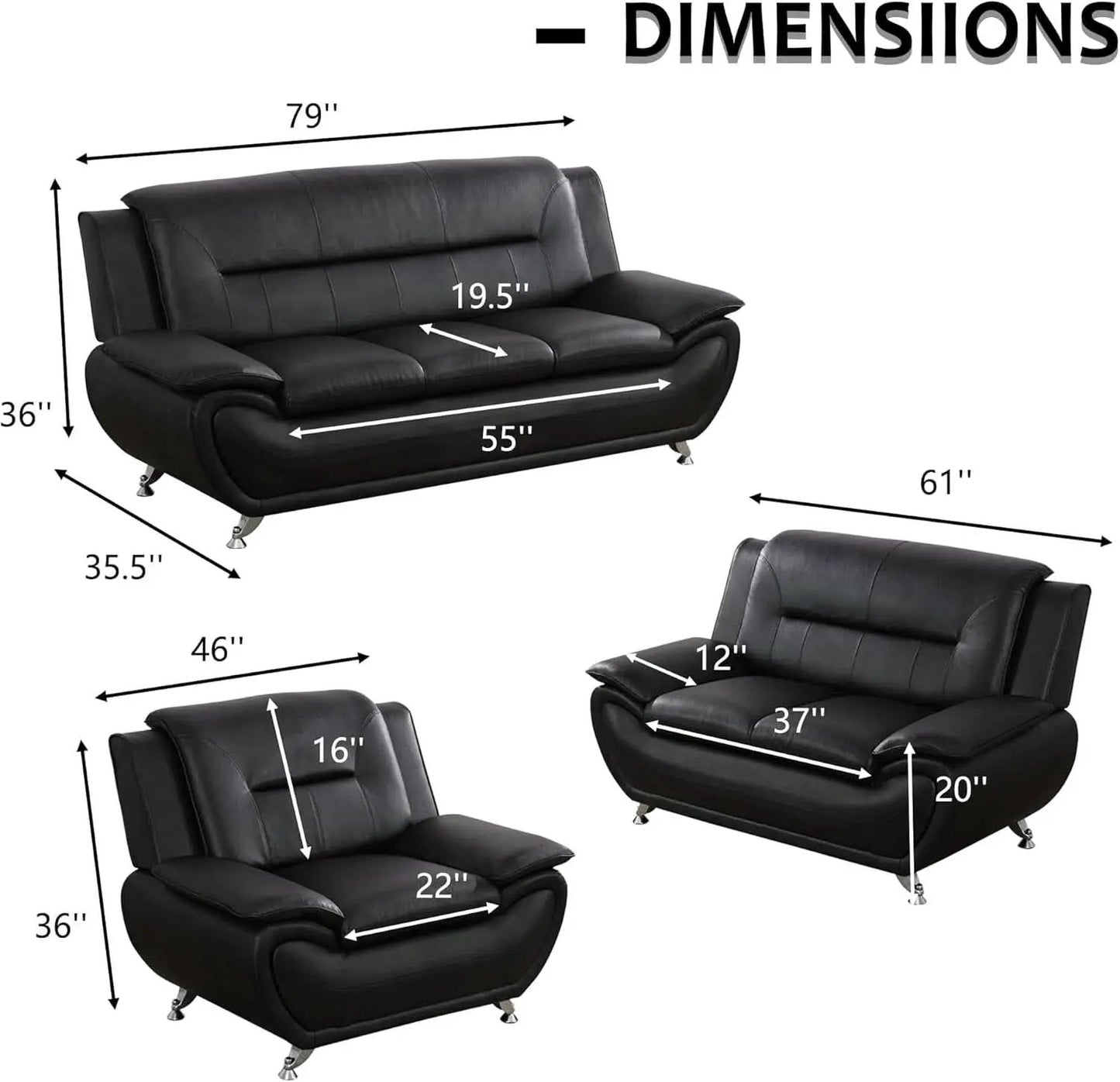 3 Piece Black Sofa Set Modern Living Room Couch Set Sofa Loveseat Chair For Home Decor from PriceLows™