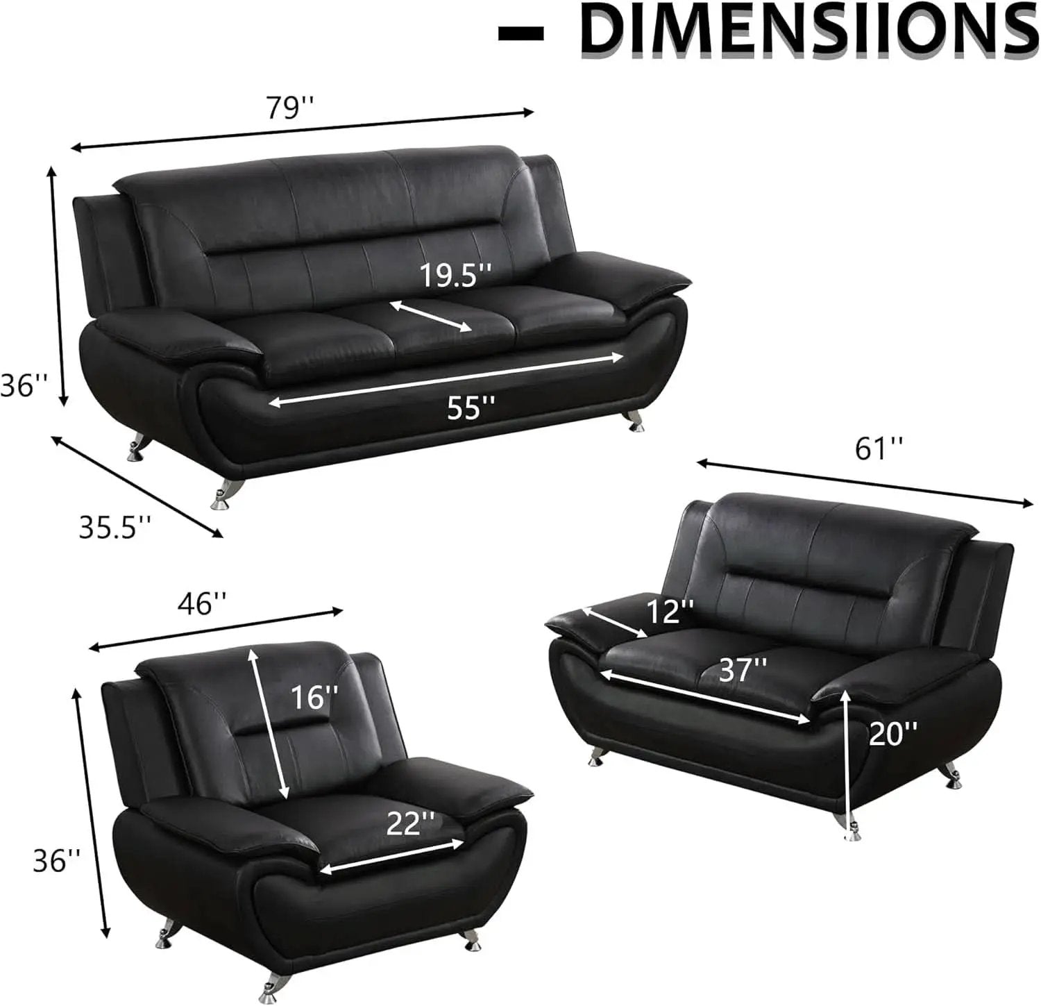 3 Piece Black Sofa Set Modern Living Room Couch Set Sofa Loveseat Chair For Home Decor from PriceLows™