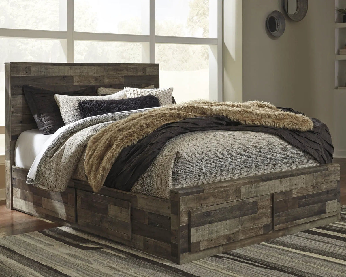 Derekson Panel Bedroom Set | 4-Piece | Rustic Butcher Block Finish | Replicated Pine Grain