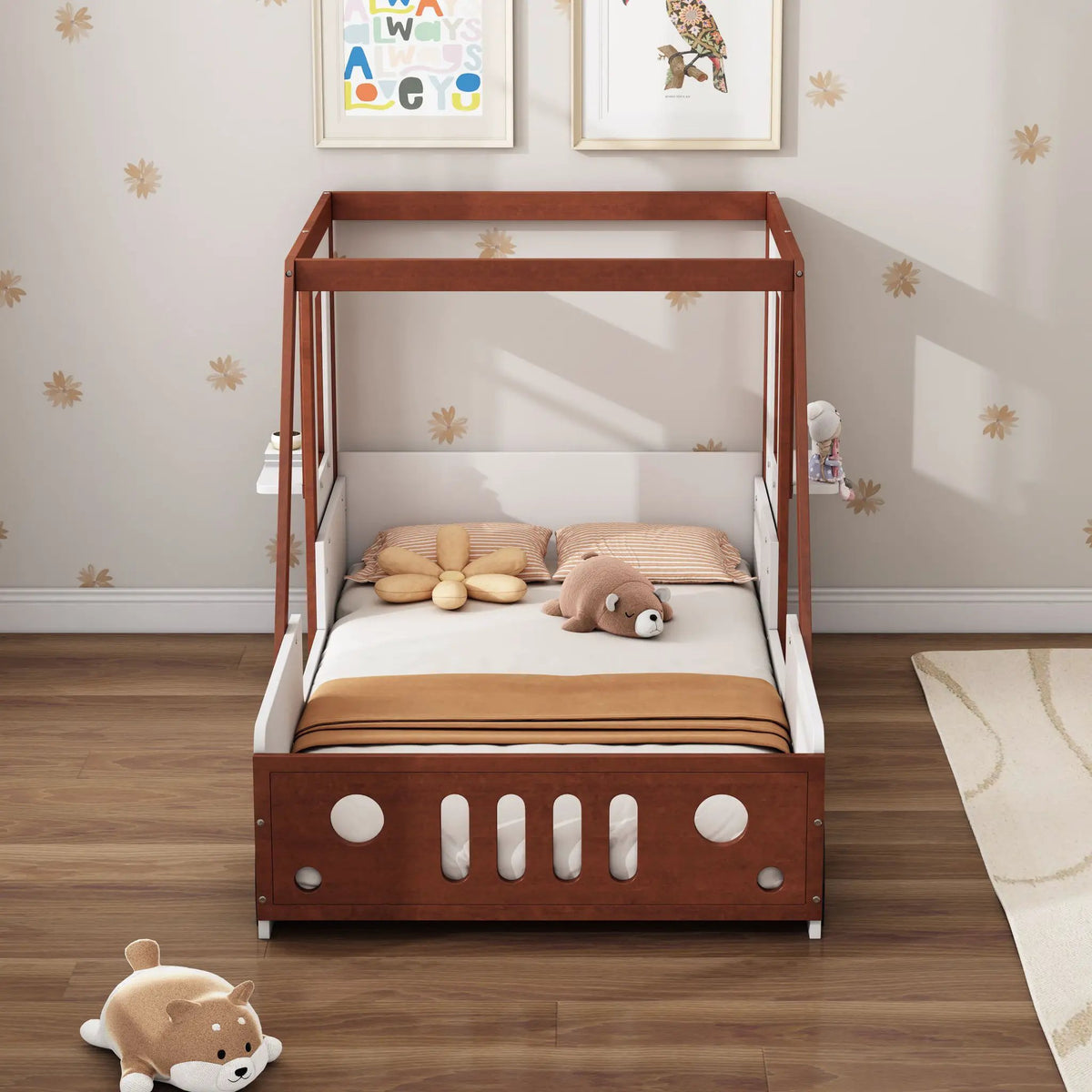 Twin Car Bed | Solid Wood Frame | Car Shaped Design | White Orange