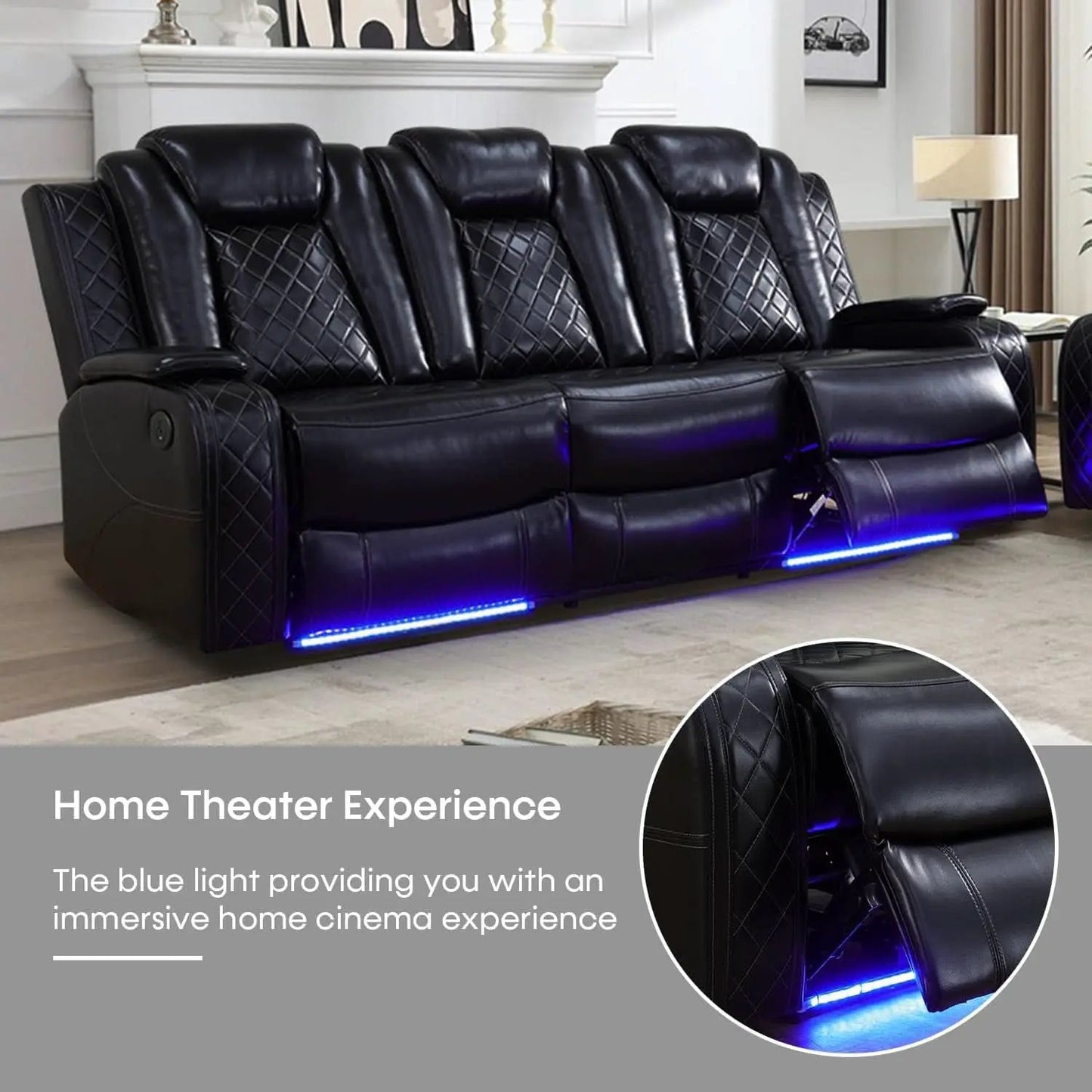 Power Recliner Sofa With LED Lights Black Leather 2 Piece from PriceLows™