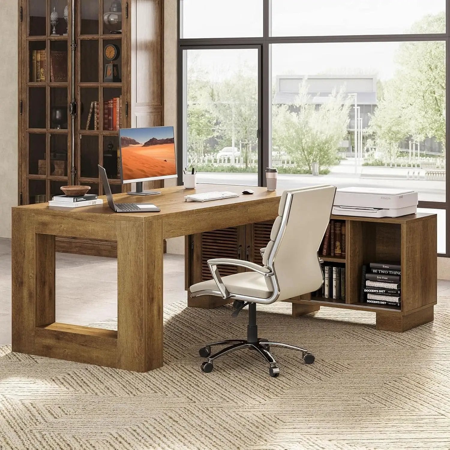 Brown 63 Inch Long L Shaped Desk With Sliding Cabinets from PriceLows™