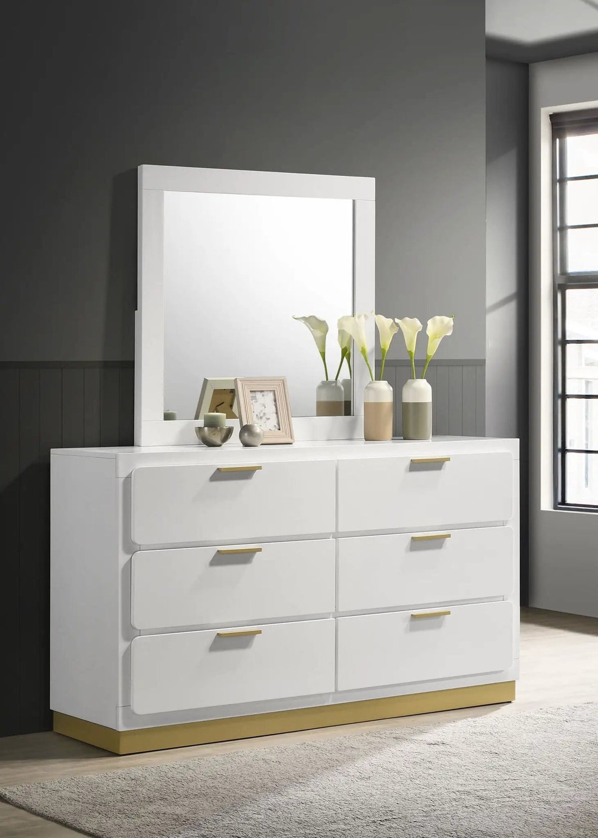 Caraway 6-drawer Dresser with Mirror | 59 x 17.25 x 70.25 in | Rubberwood & Engineered Wood | White