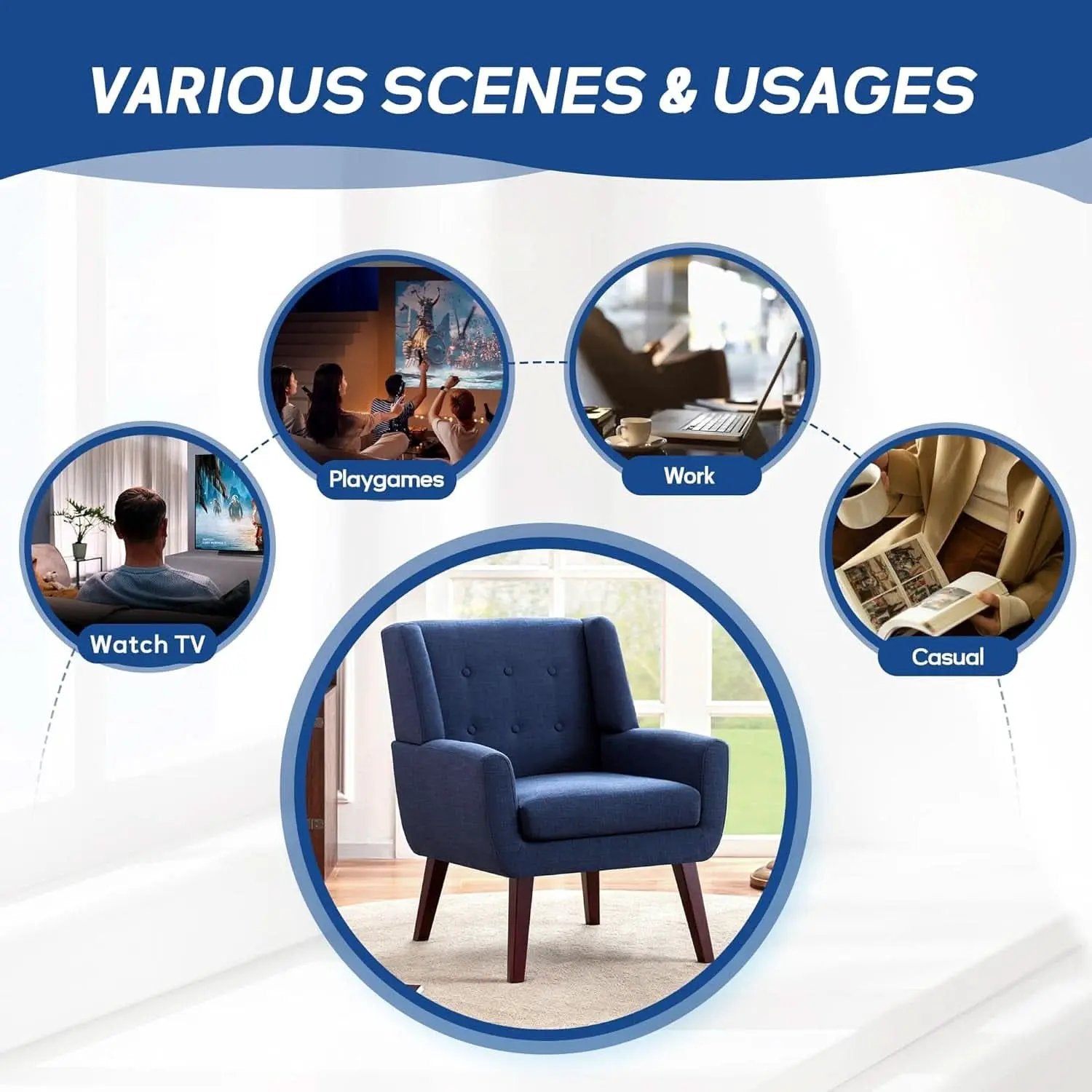 Dark Blue Linen Upholstered Tufted Midcentury Armchair from PriceLows™