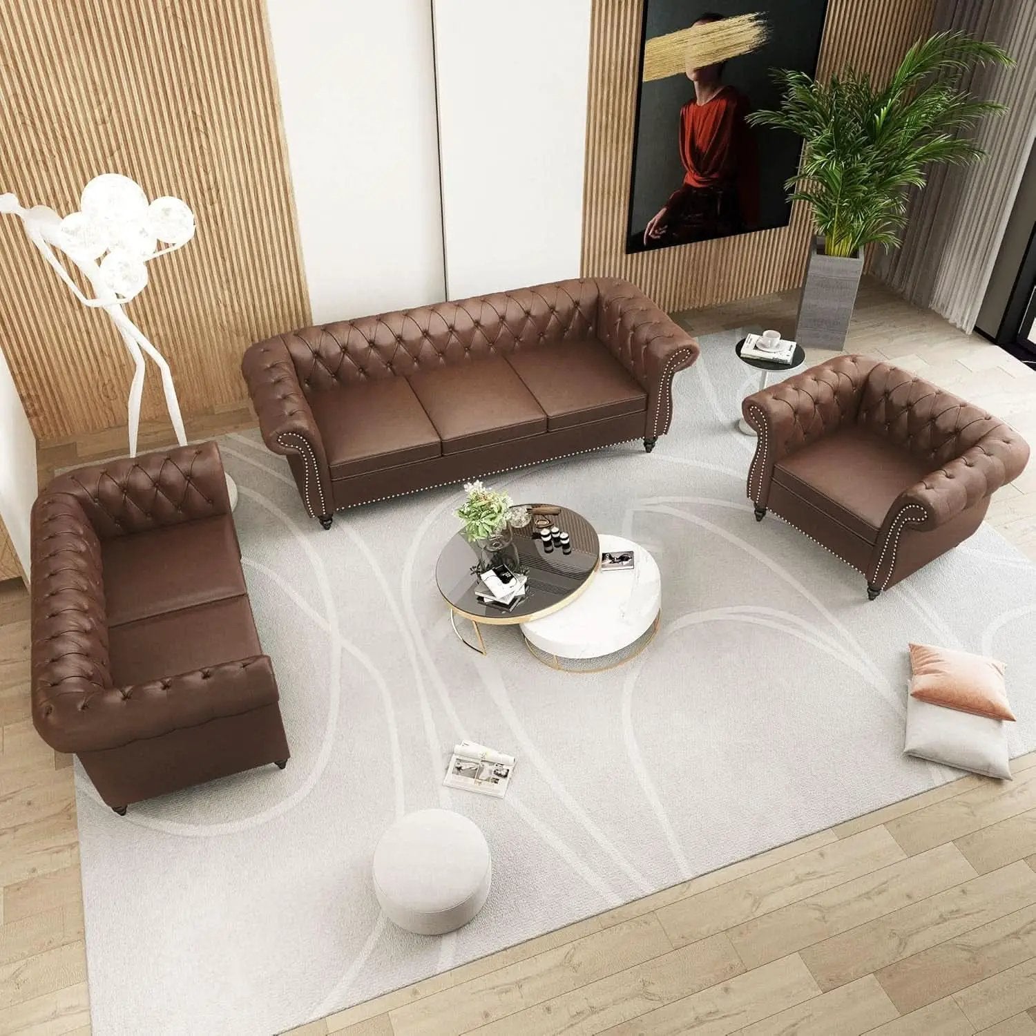 3 Piece Living Room Set With Sectional Chesterfield Sofa Chair And Leather Upholstered Loveseat from PriceLows™