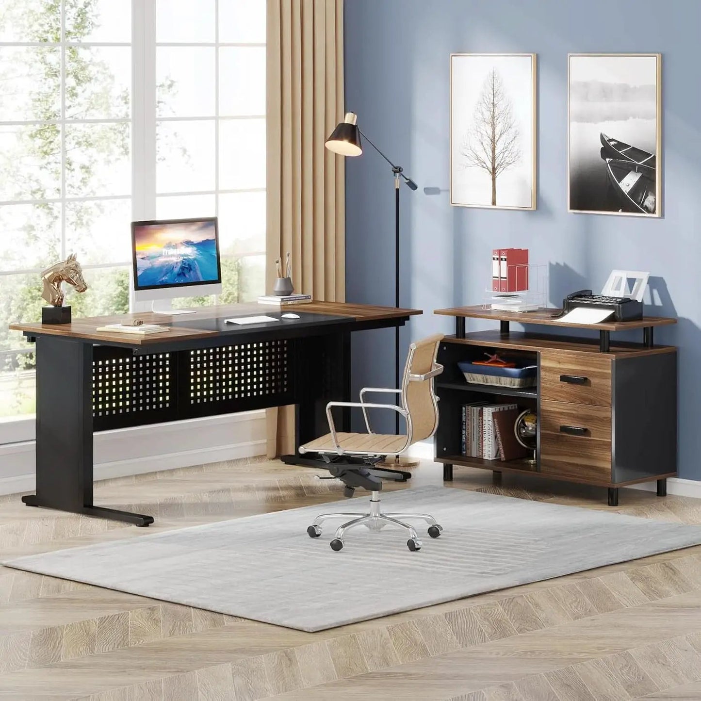 63 Inch L Shaped Desk With File Cabinet For Home Office from PriceLows™
