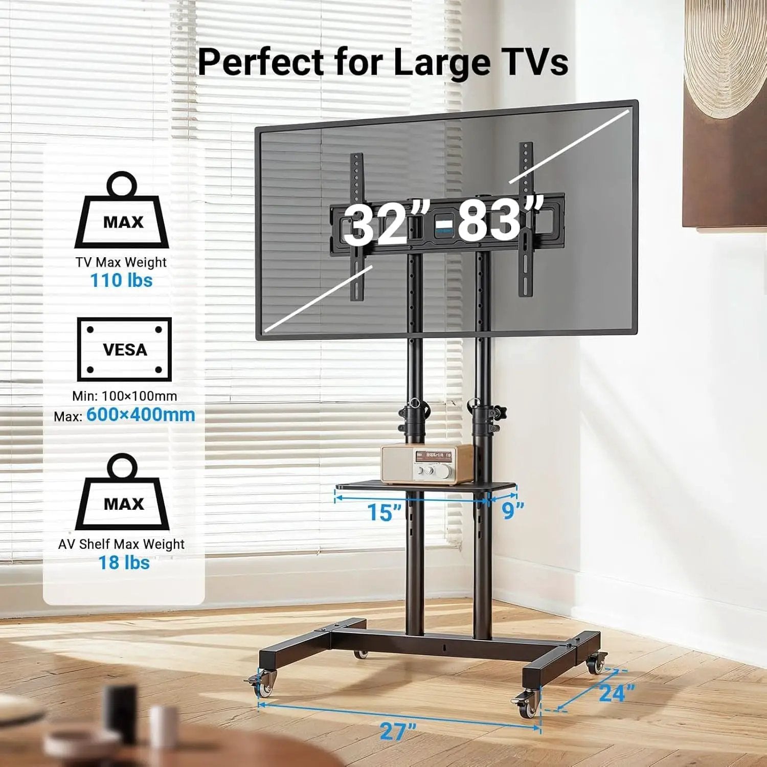 Rolling TV Stand Height Adjustable 32 To 83 Inch Screens from PriceLows™