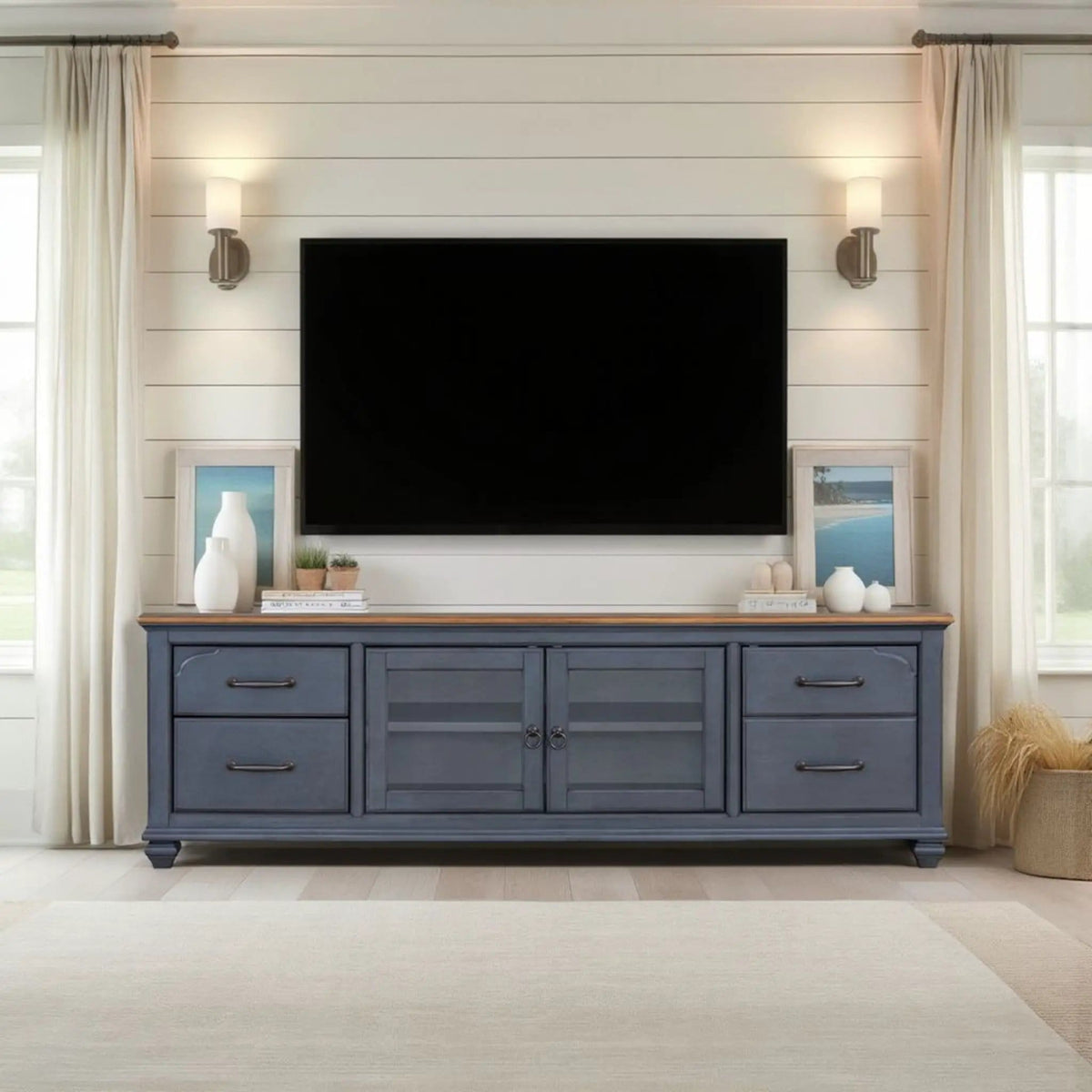 TV Stand For TVs Up To 90" - | 84 x 18 x 27 in | Glass & Wood | Blue