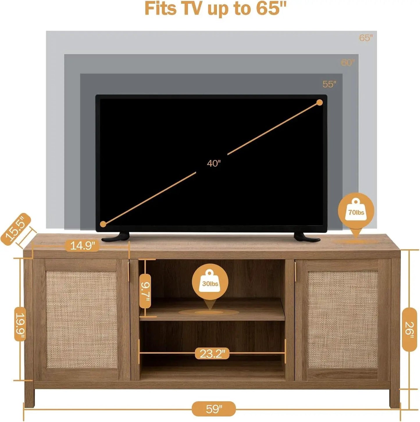Boho Rattan TV Stand With Adjustable Shelves 59 Inch Oak from PriceLows™