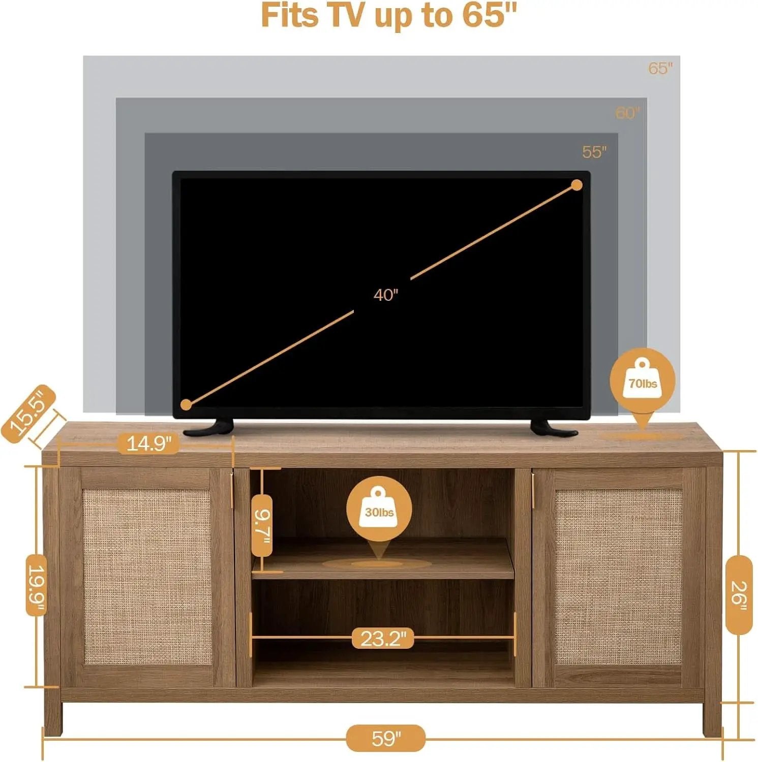 Boho Rattan TV Stand With Adjustable Shelves 59 Inch Oak from PriceLows™