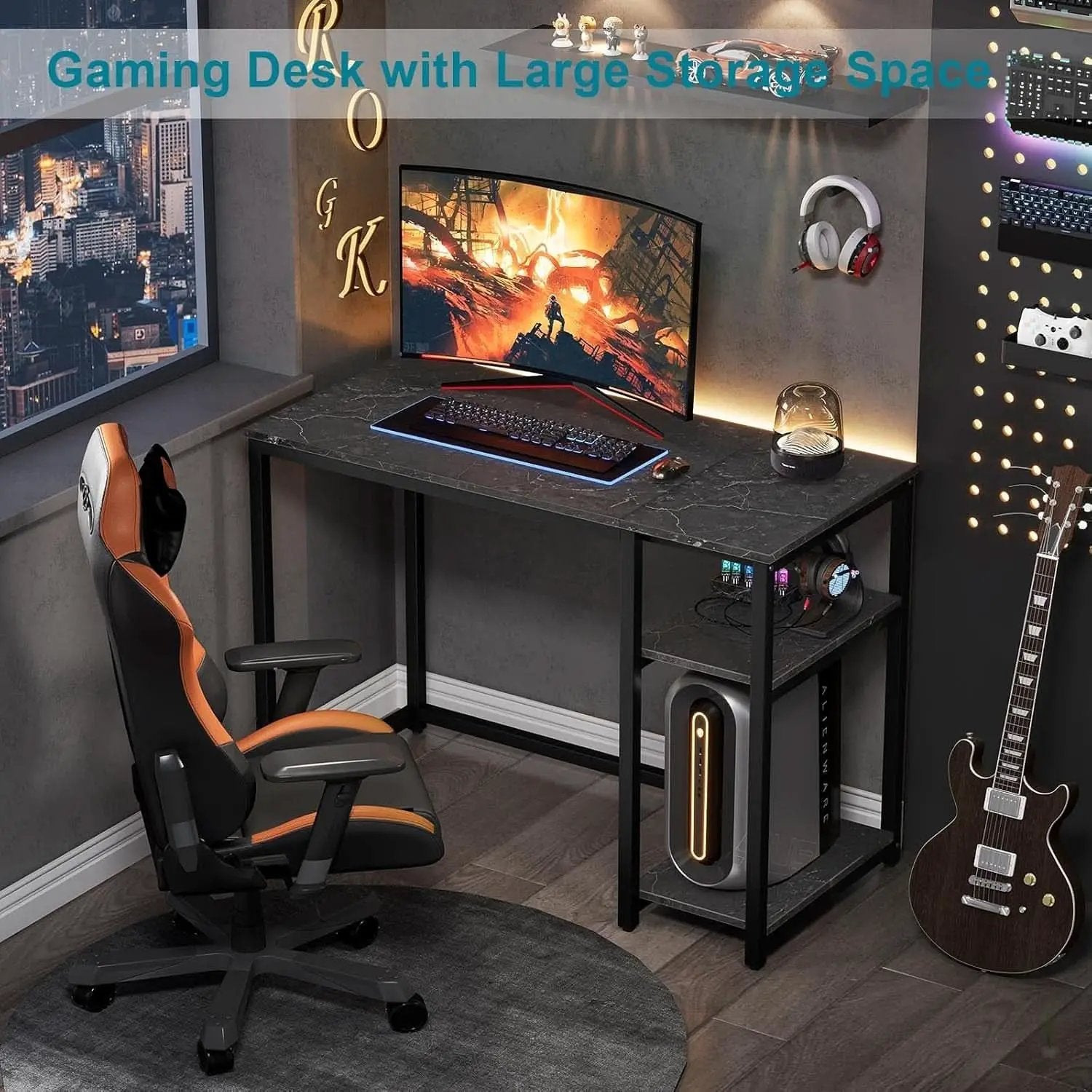 40 Inch Computer Desk With Two Tier Shelves Black Marbling from PriceLows™