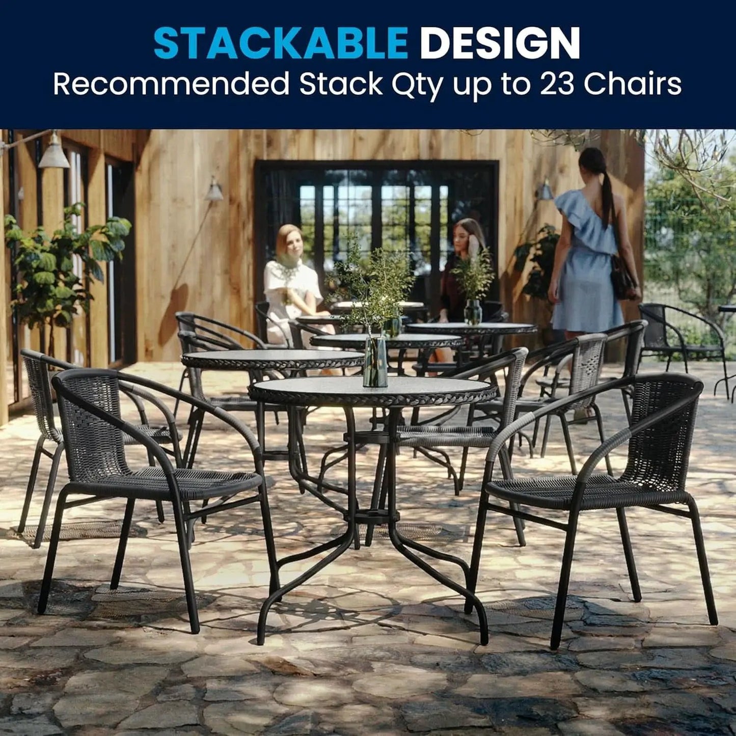 3-Piece Patio Dining Set With Round Glass Table And Stackable Rattan Chairs Gray from PriceLows™