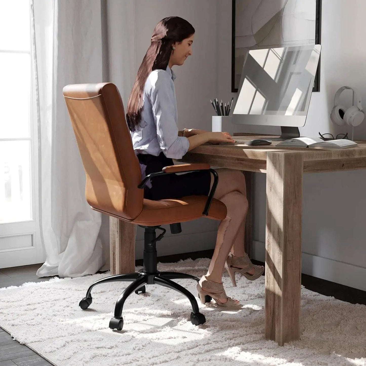 Whitney Mid-Back Leather Desk Chair Brown Black Adjustable Height from PriceLows™