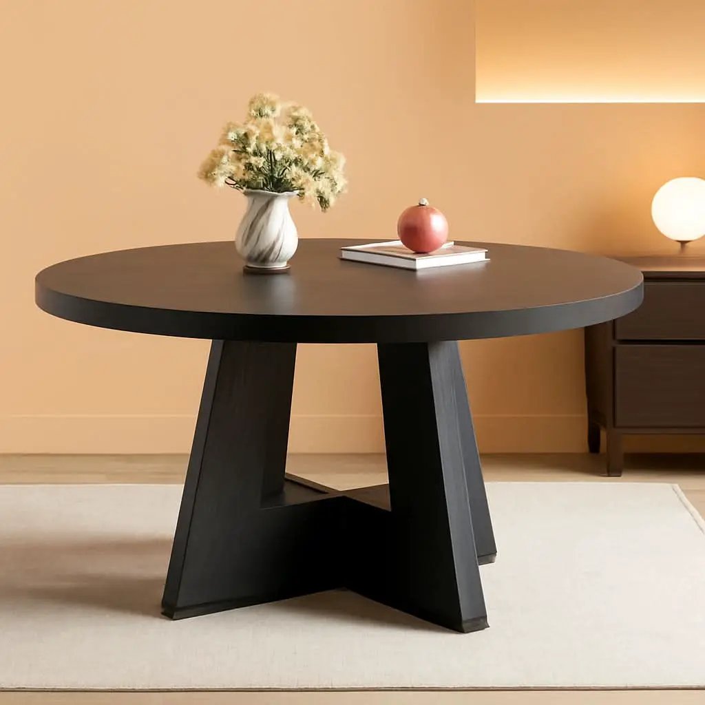 47 Inch Round Dining Table Black With Wooden Pedestal Base from PriceLows™