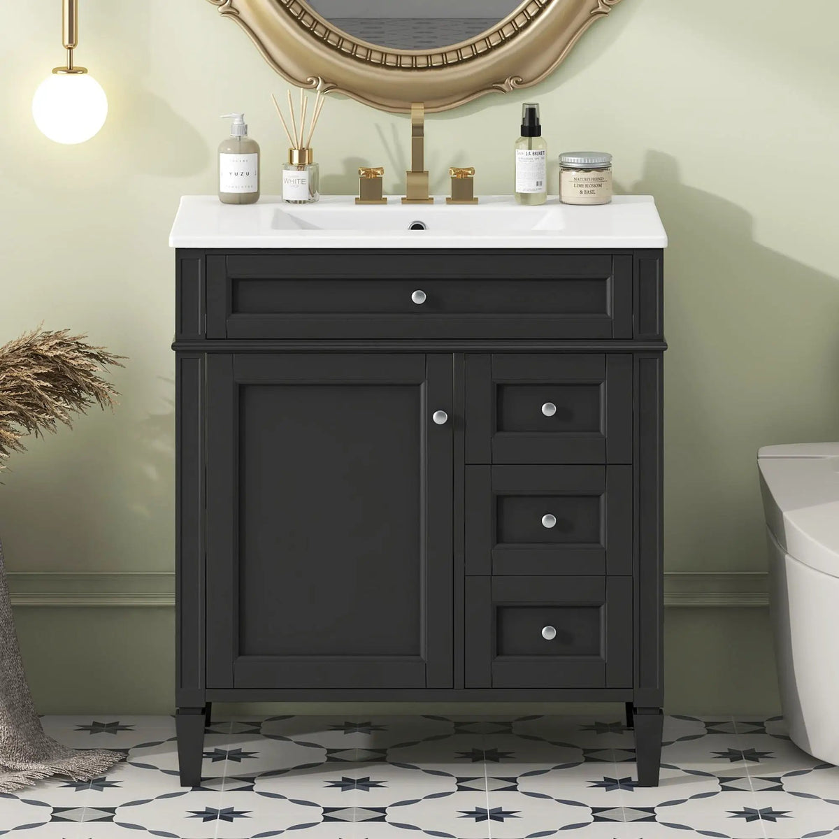 30 Inch Bathroom Vanity With Top Sink | 2 Drawers | Tip-Out Drawer | Vintage-Inspired Handles