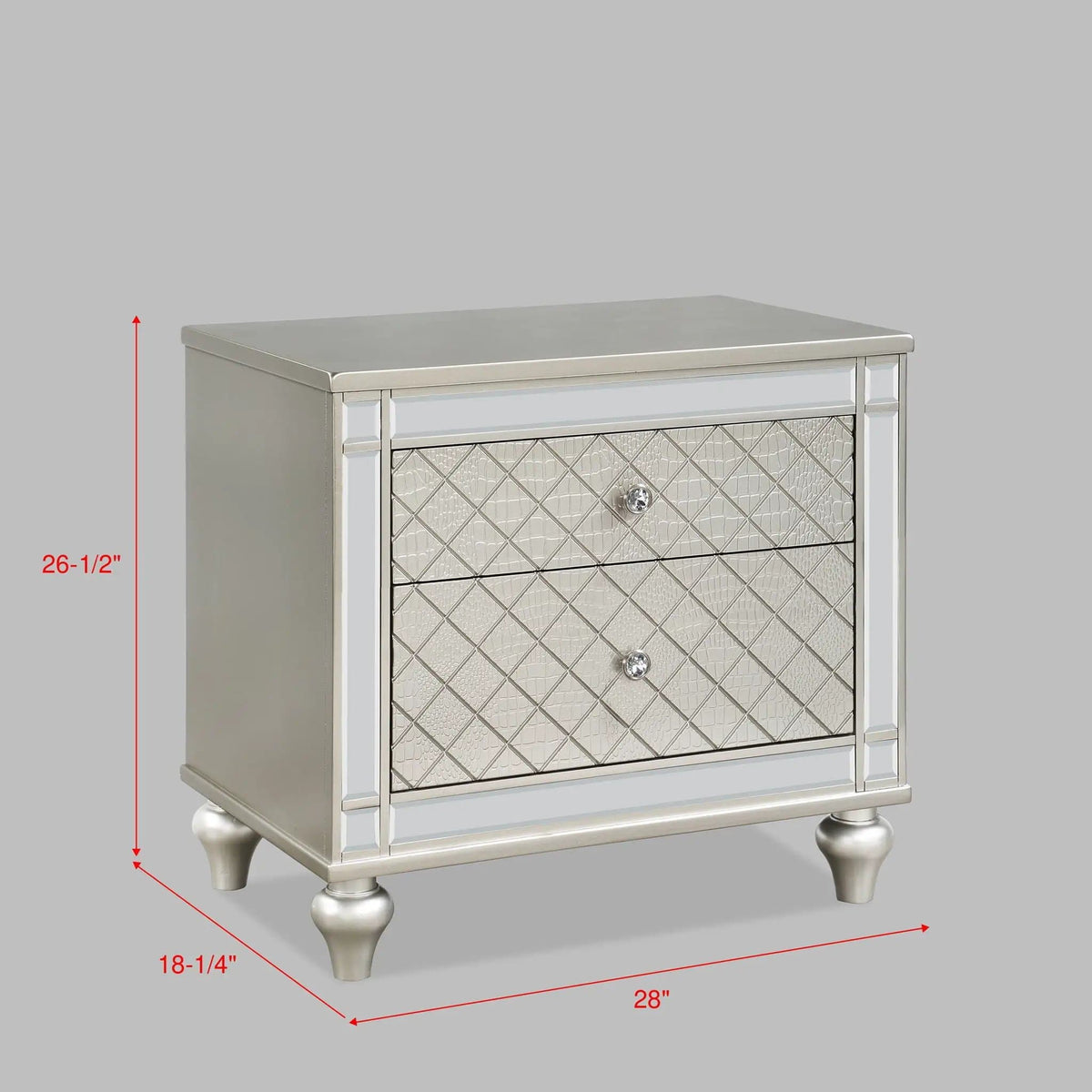 2 Drawer Nightstand With Diamond Patterned Fronts - | 28 x 18.3 x 26.5 in | 2-Drawer | Silver