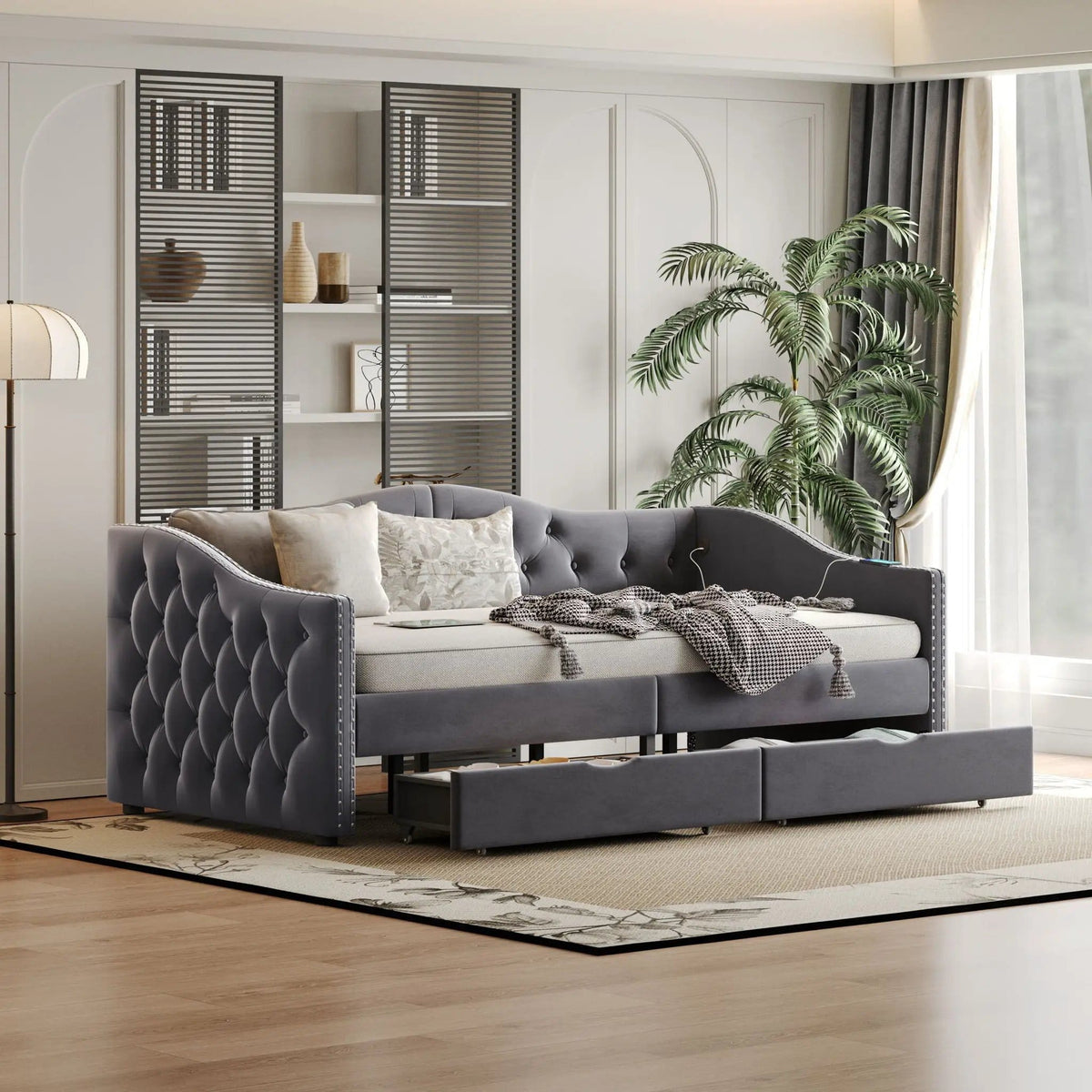 Full Size Bed Frame, Upholstered Cloud Bed Frame With Headboard, 2 Storage Drawers | 80 x 55.5 x 23.6 in | Linen & Wood | Gray