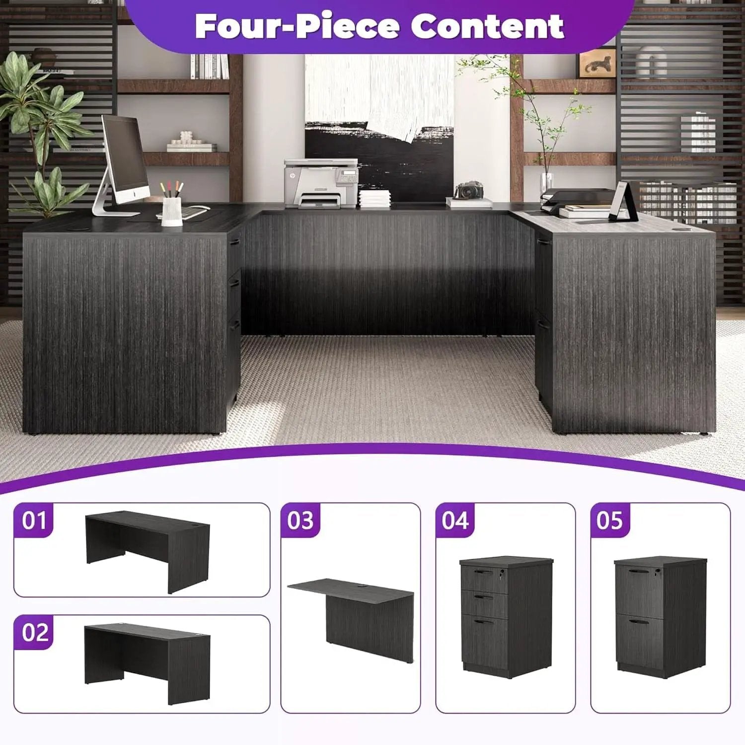 67 Inch U Shaped Executive Desk With 2 Storage Cabinets from PriceLows™