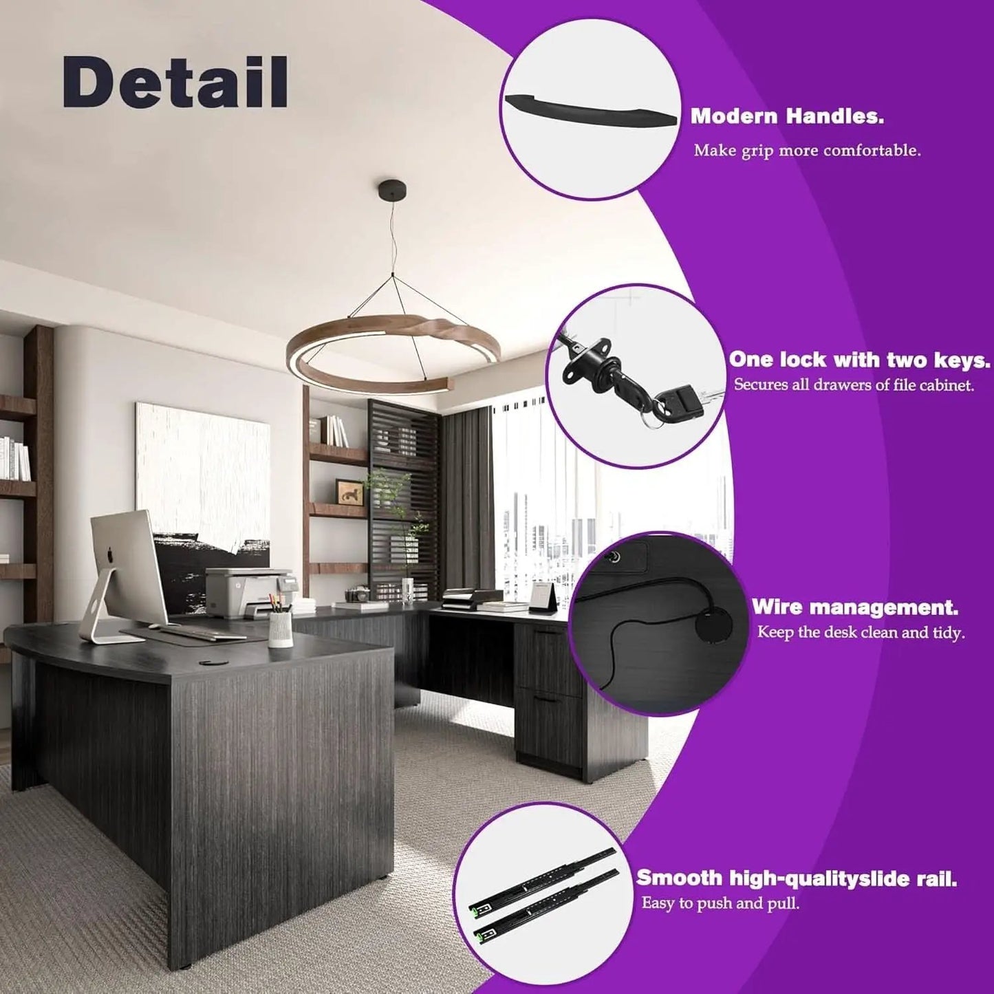 67 Inch U Shaped Executive Desk With 2 Storage Cabinets from PriceLows™