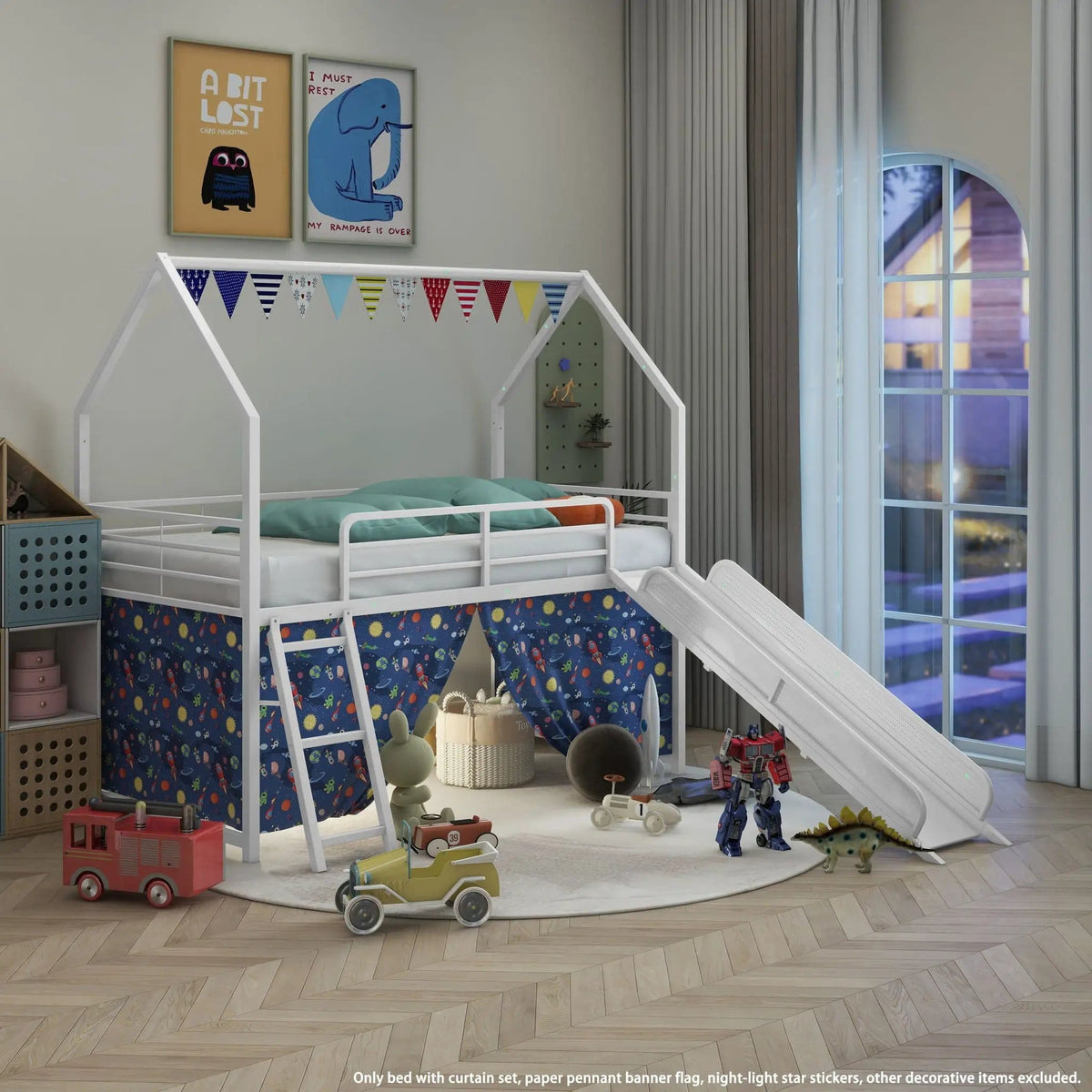 Jack House Loft Bed With Slide And Curtain Set | 5 Pieces | Metal | Bedroom