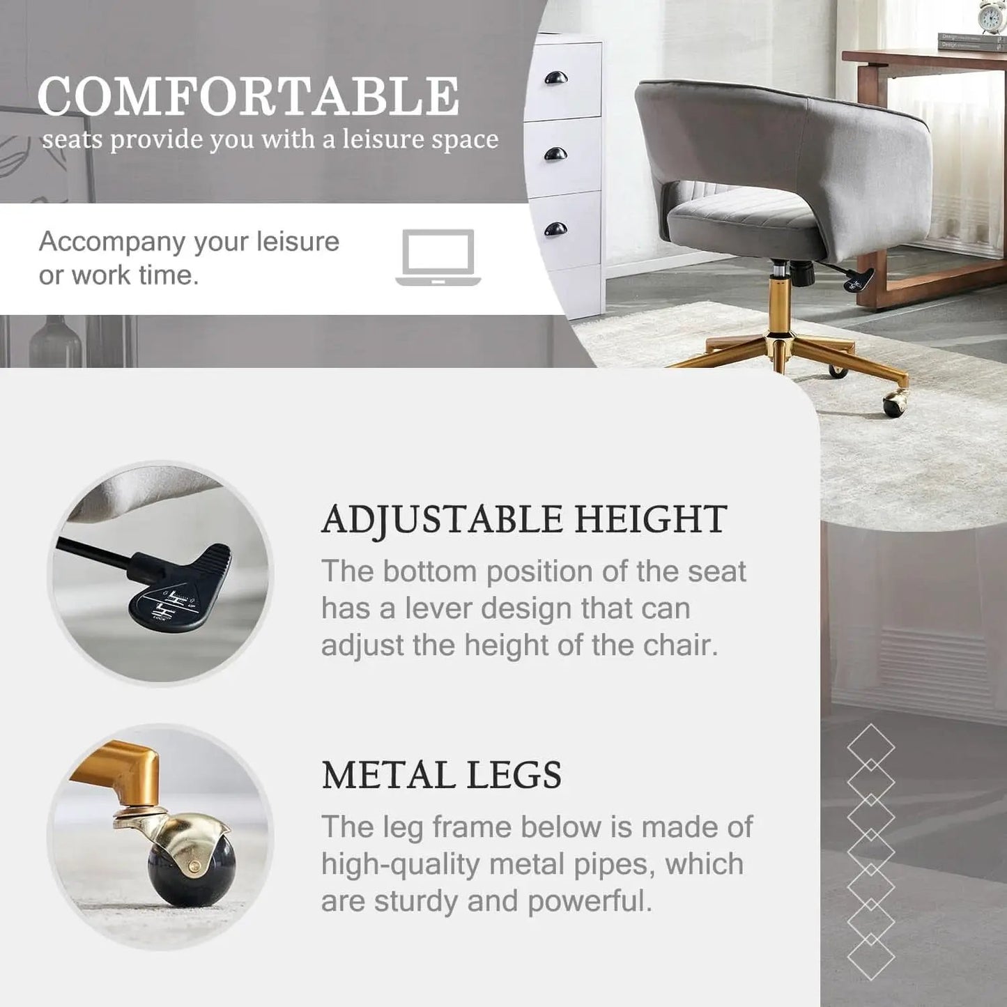 Grey Velvet Home Office Chair With 360 Swivel And Gold Base from PriceLows™