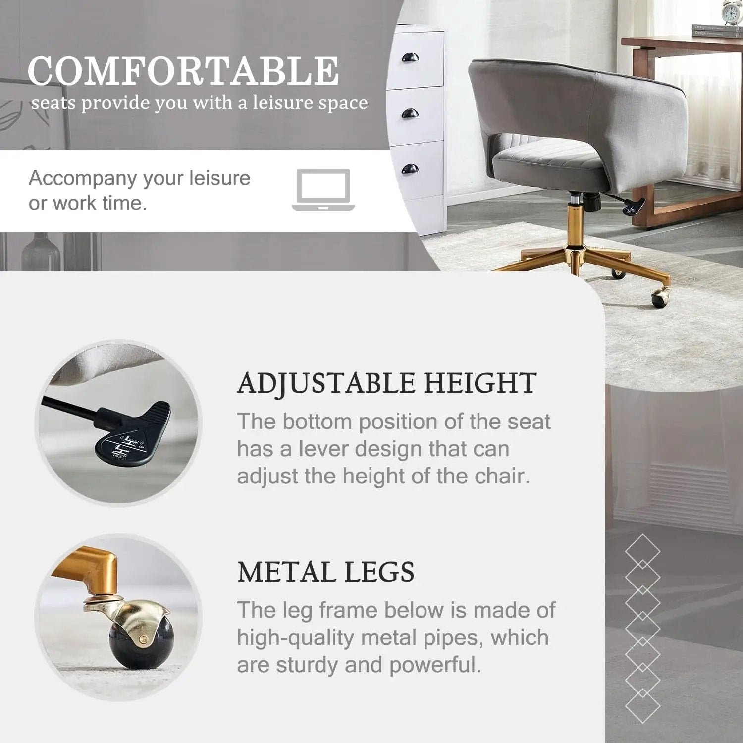 Grey Velvet Home Office Chair With 360 Swivel And Gold Base from PriceLows™