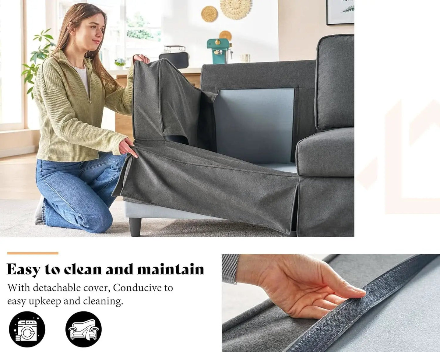 89 Inch Slipcovered Linen Grey Sofa 3 Seater Couch from PriceLows™