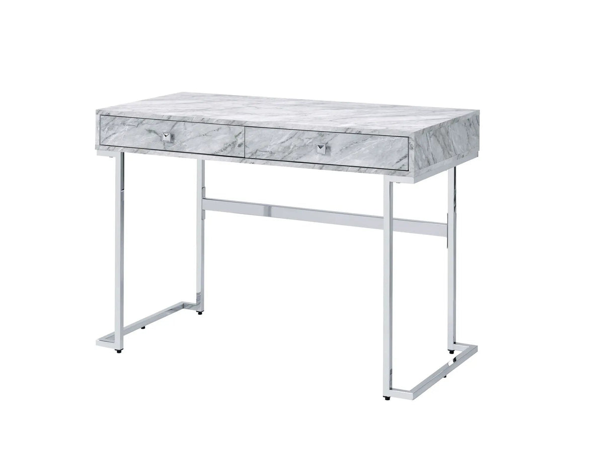Tigress Writing Desk | Printed Faux Marble Top | White Engineered Stone Look | Two Storage Drawers
