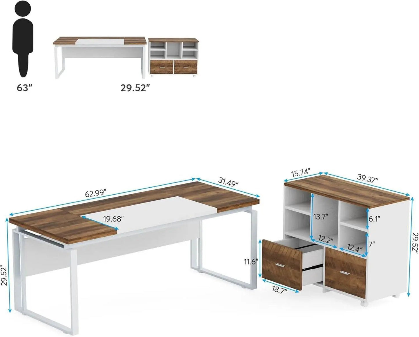 63 Inch L Shaped Desk Reversible Cabinet Natural Oak Wood Finish from PriceLows™