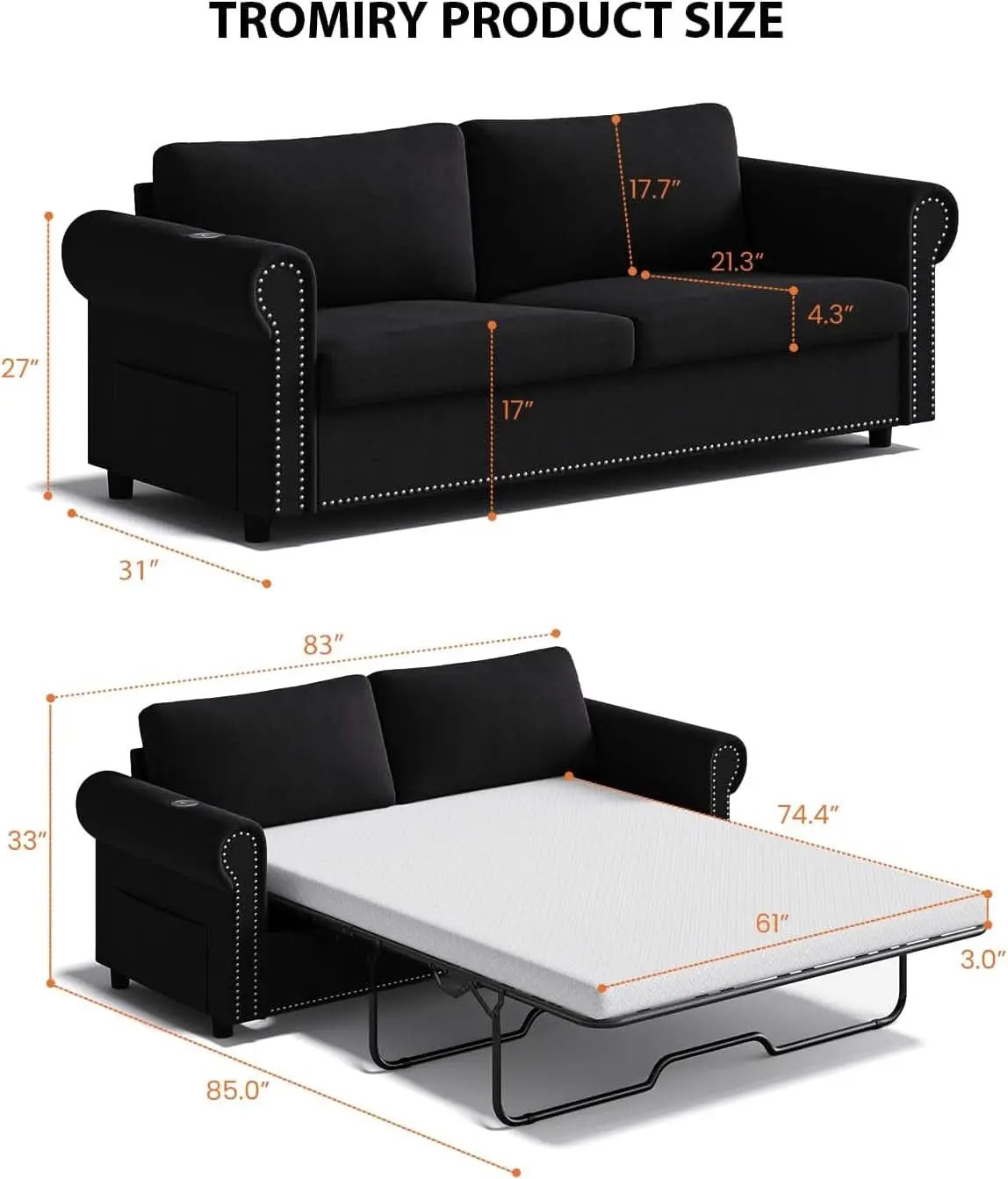 Queen Sleeper Sofa Bed Black Ergonomic Contemporary from PriceLows™
