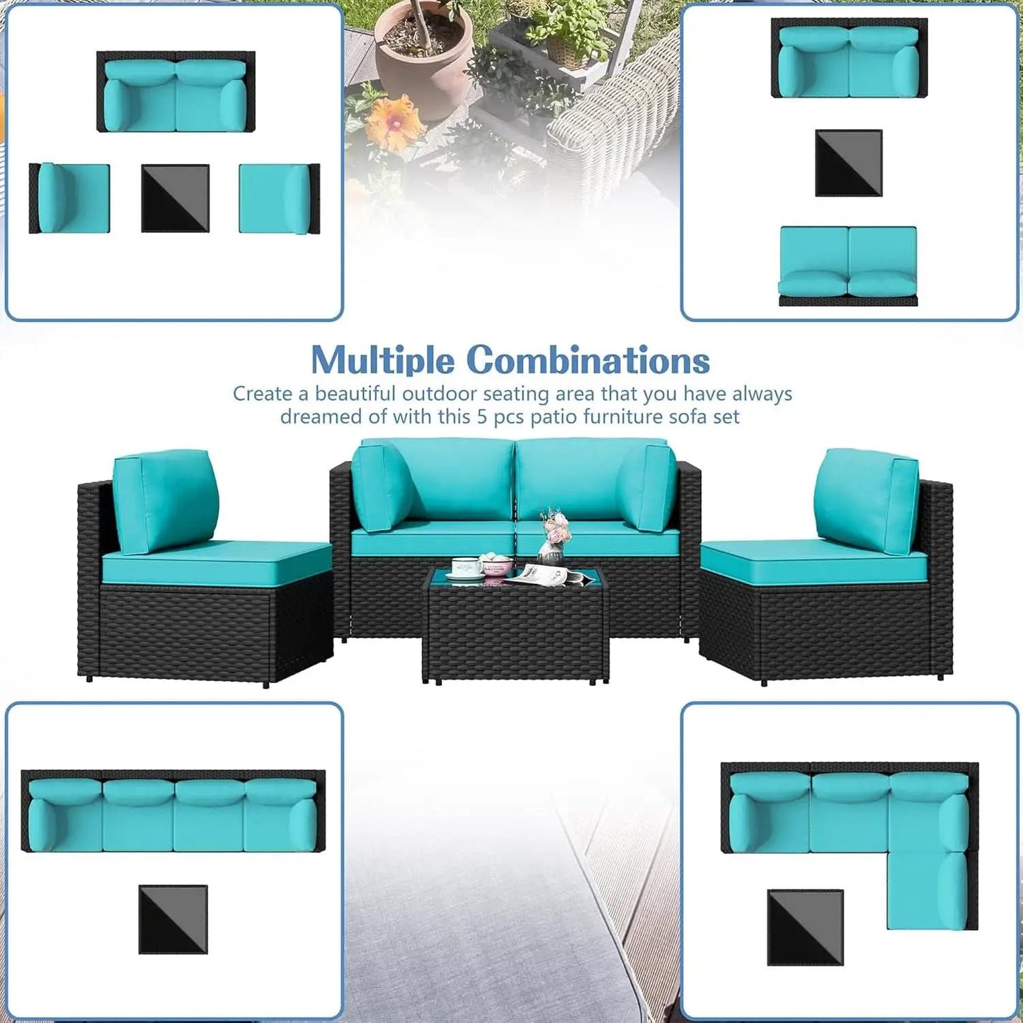 Five Piece Outdoor Patio Sectional Sofa Set Blue from PriceLows™