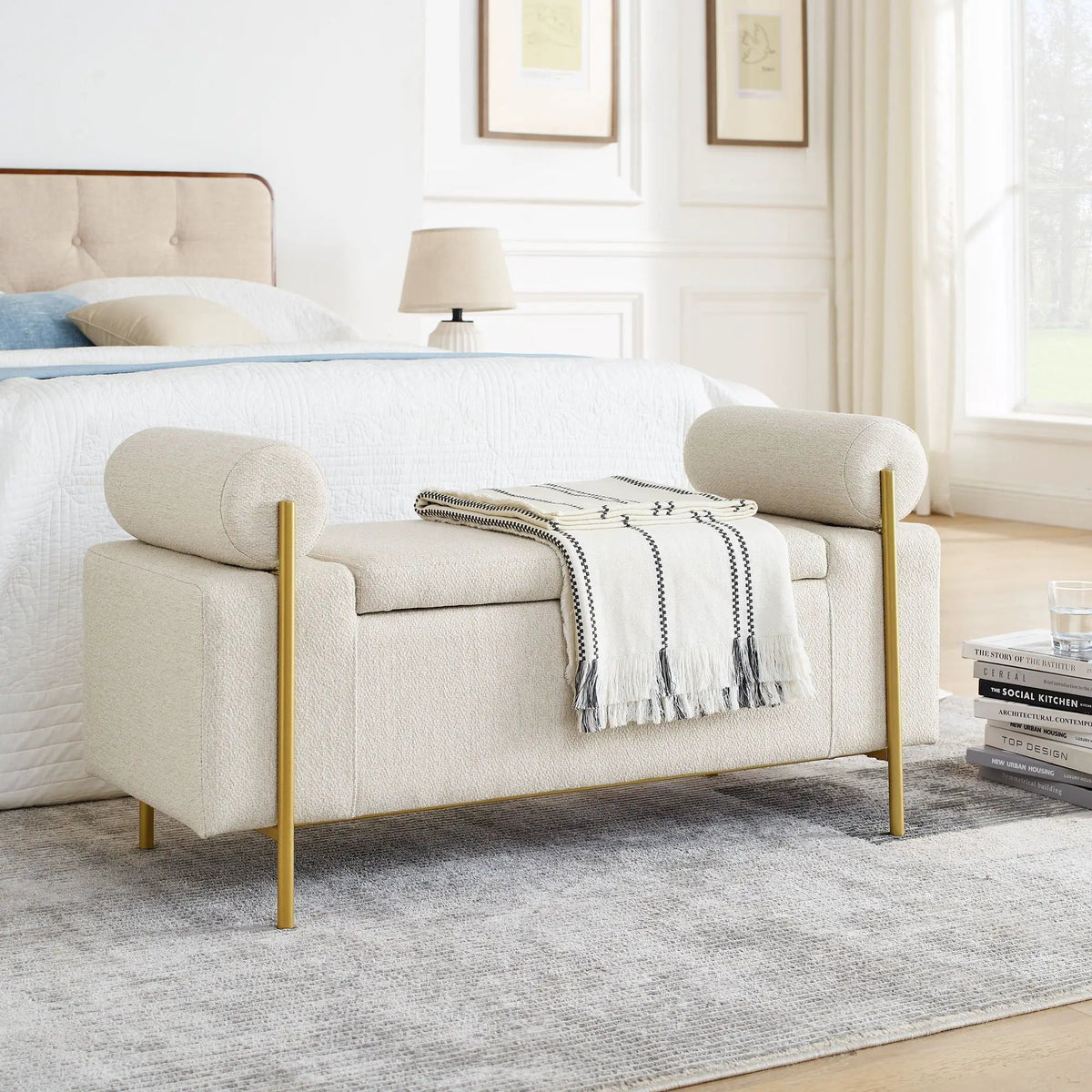 Upholstered Storage Bench | Cylindrical Arms | Iron Legs