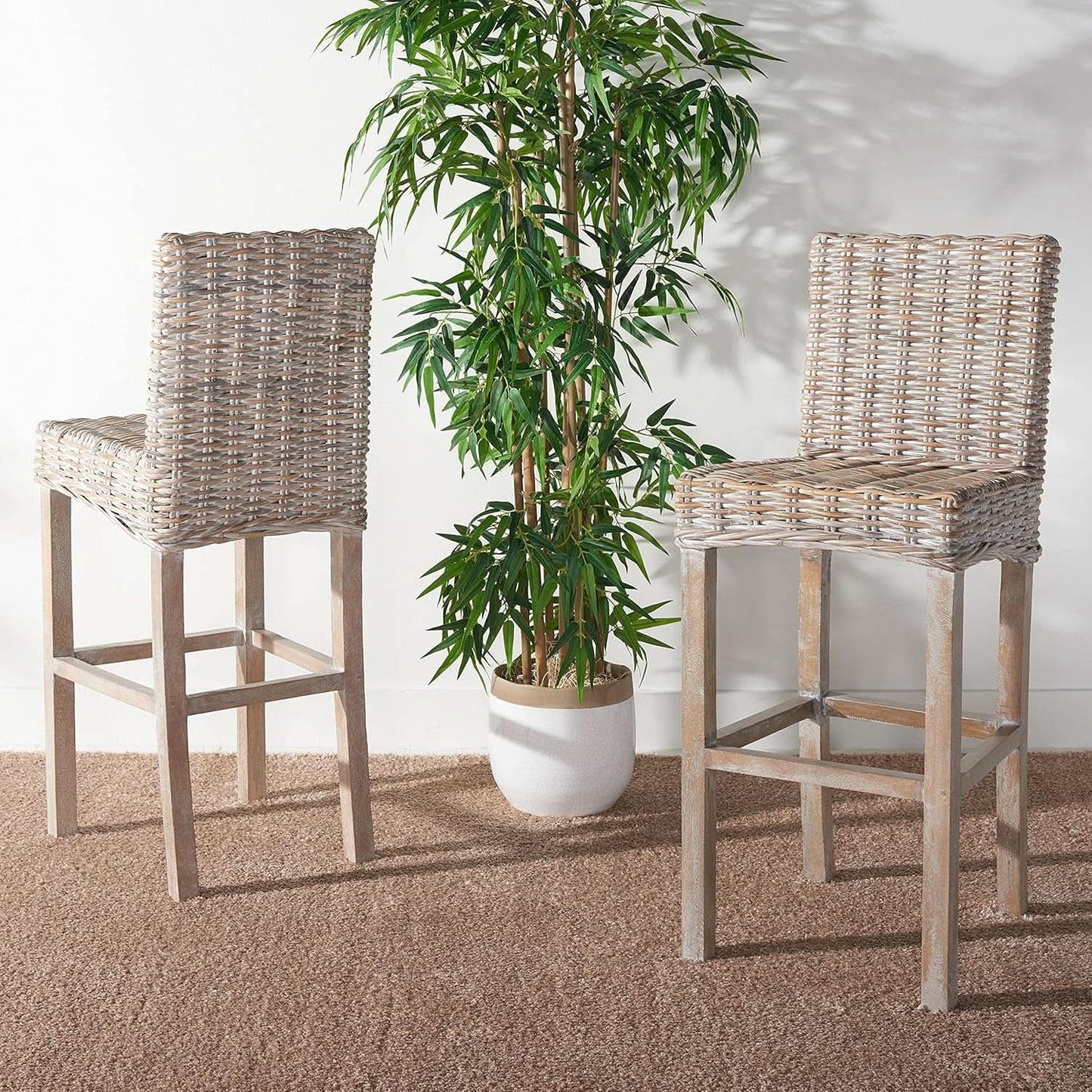 Grey Wash Rattan 30 Inch Bar Stool With Parsons Legs from PriceLows™