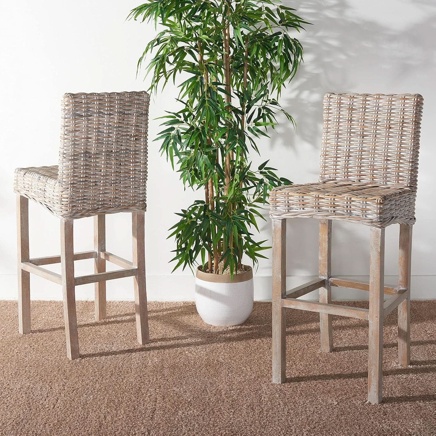 Grey Wash Rattan 30 Inch Bar Stool With Parsons Legs from PriceLows™