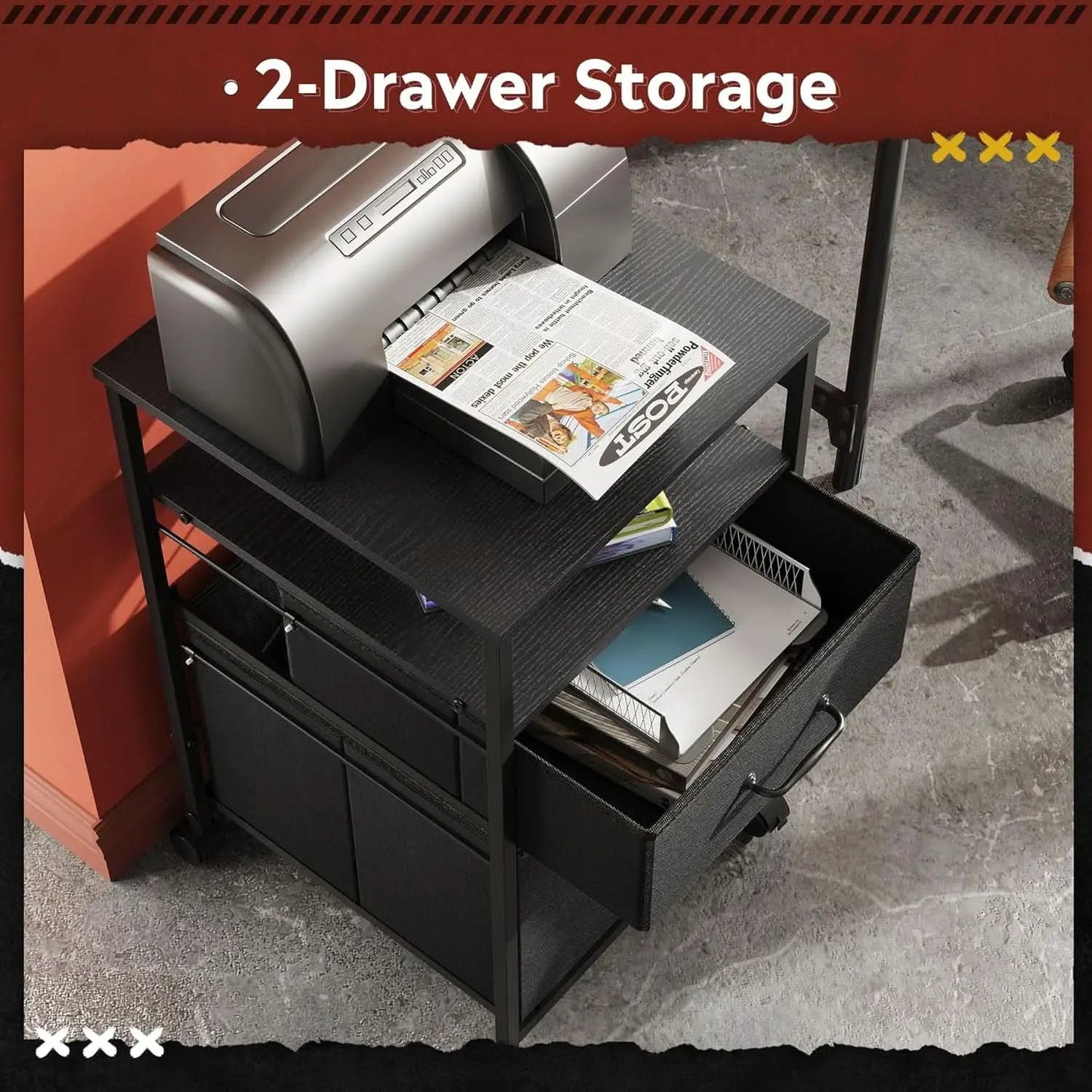Mobile File Cabinet With Rolling Printer Stand Black Finish from PriceLows™