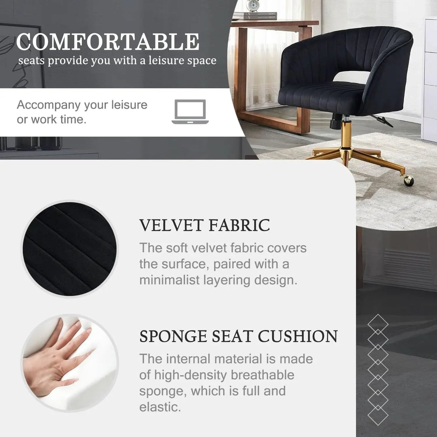 Velvet Home Office Chair 360 Degree Swivel Black Lux Velvet from PriceLows™