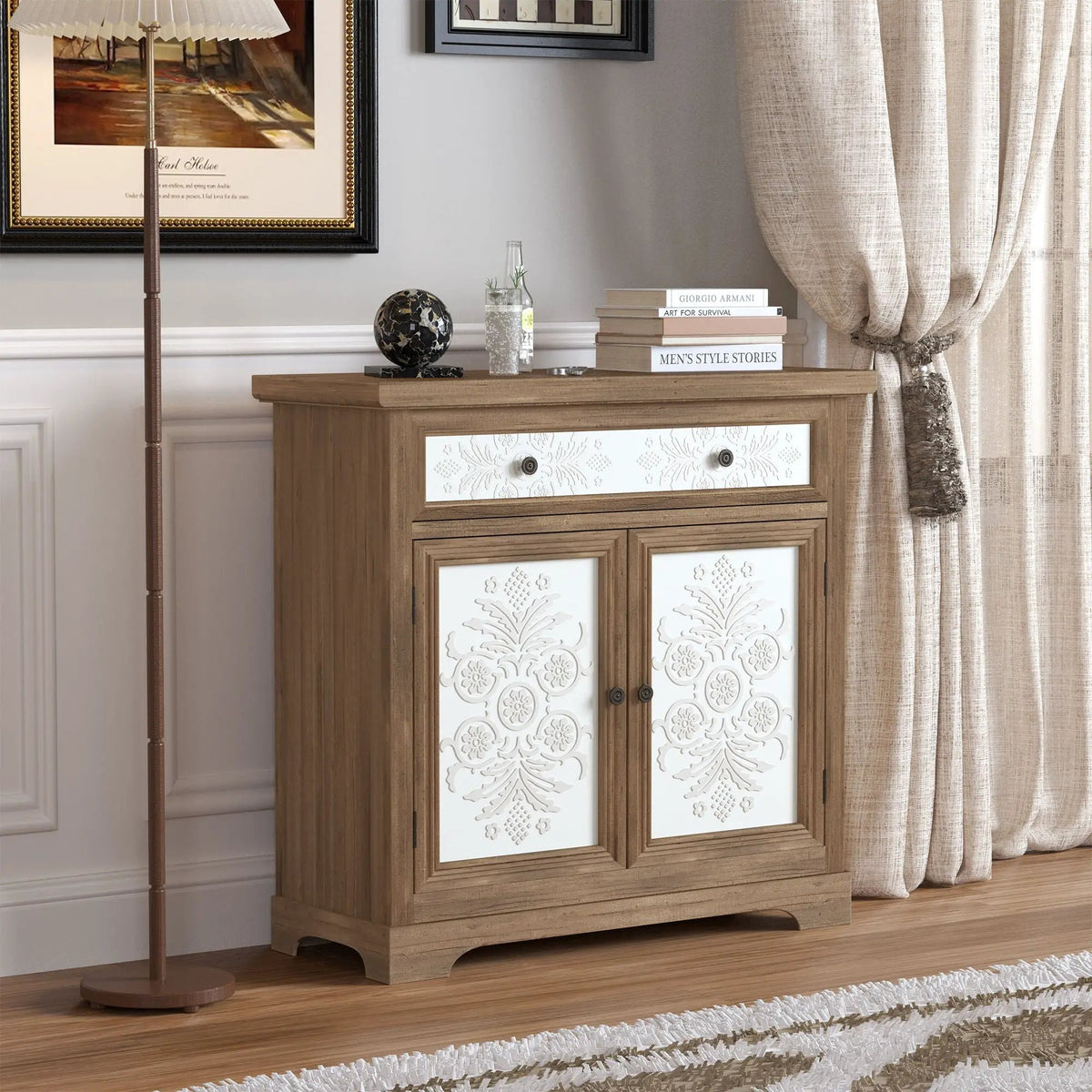 Accent Cabinet | Carved Floral Panels | Distressed Finish | Antique Brown