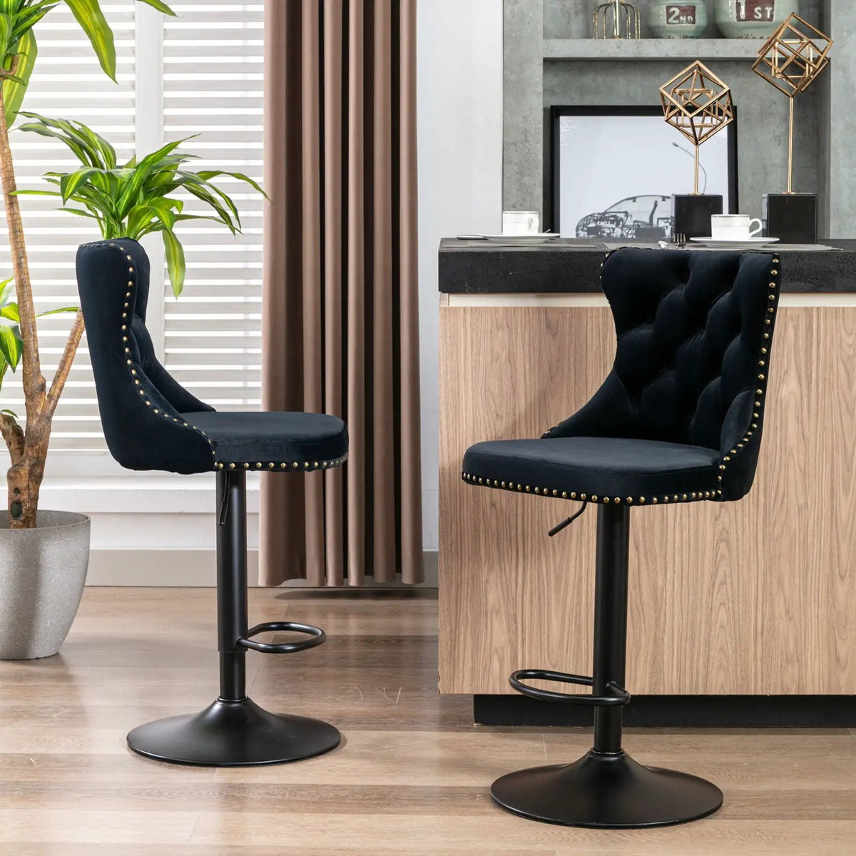 Swivel Barstools | Adjustable Height | Tufted Back With Nailheads | Set of 2