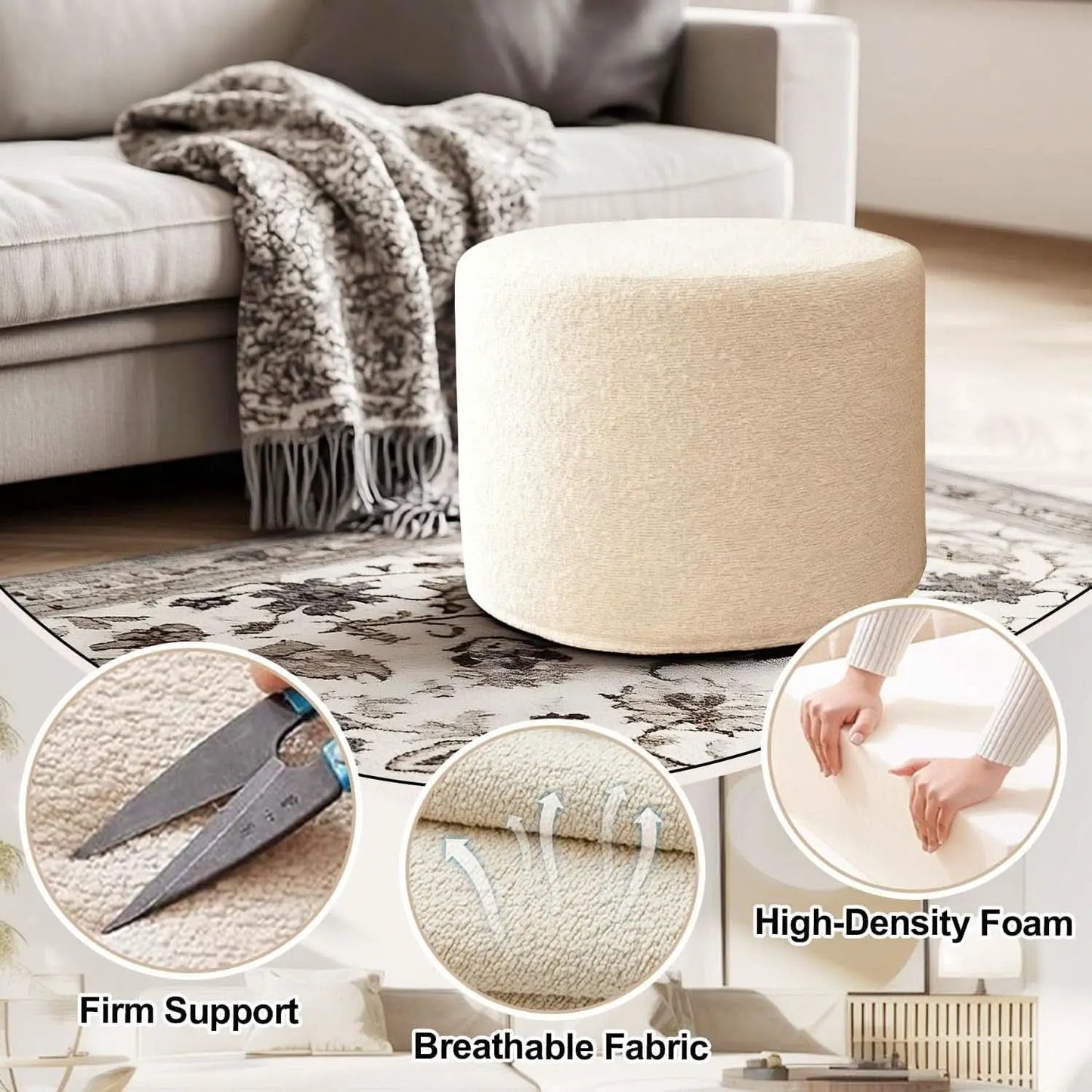 Round Ottoman Foot Rest 17x17x14 White Boucle Fabric from PriceLows™