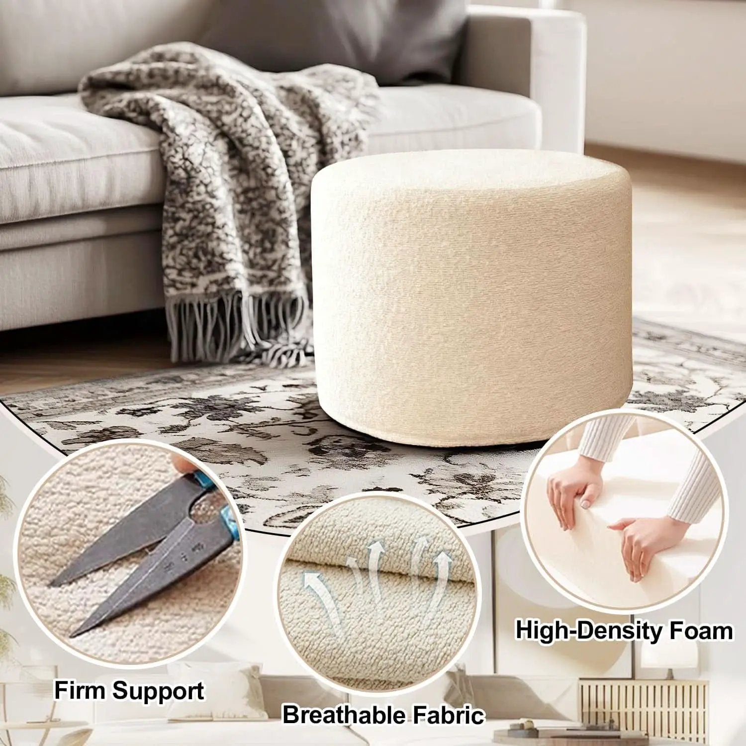 Round Ottoman Foot Rest 17x17x14 White Boucle Fabric from PriceLows™