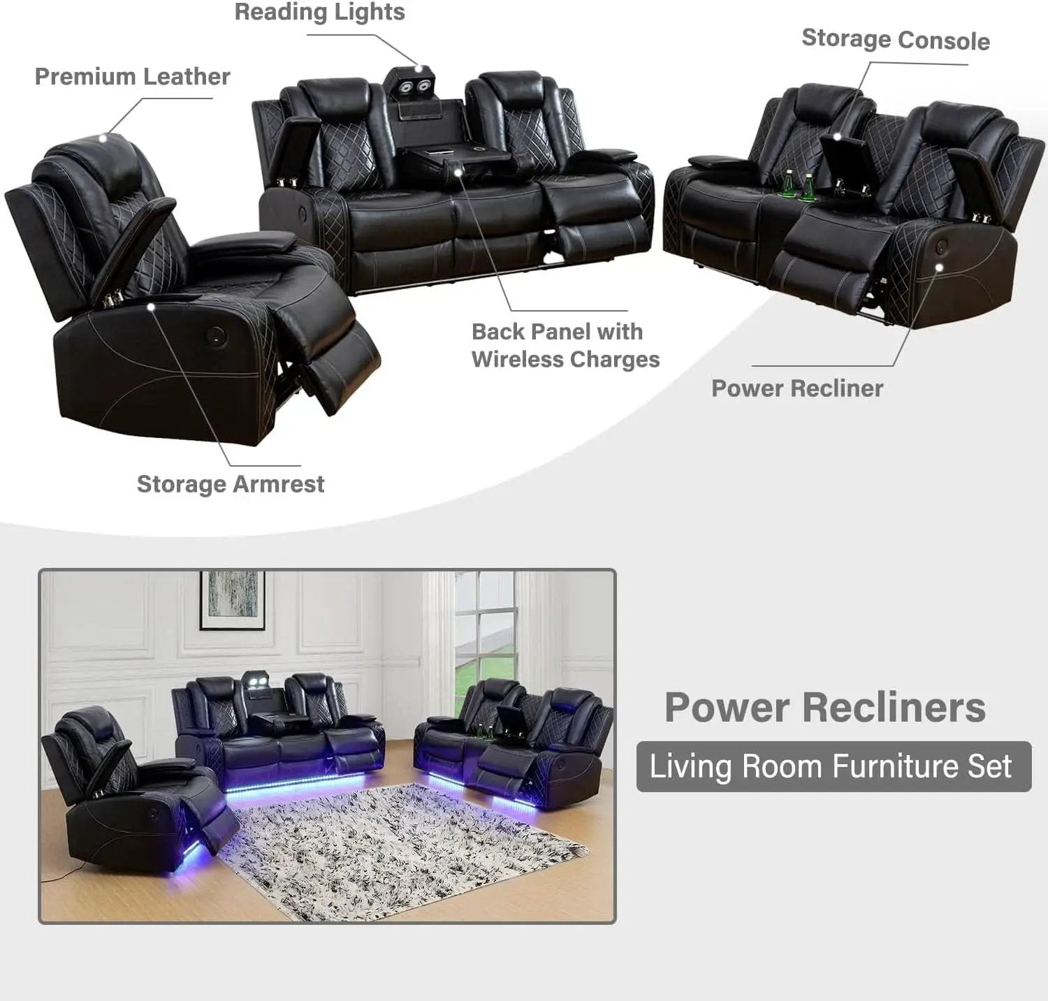 Power Reclining Leather Sofa Set With USB Ports Black from PriceLows™