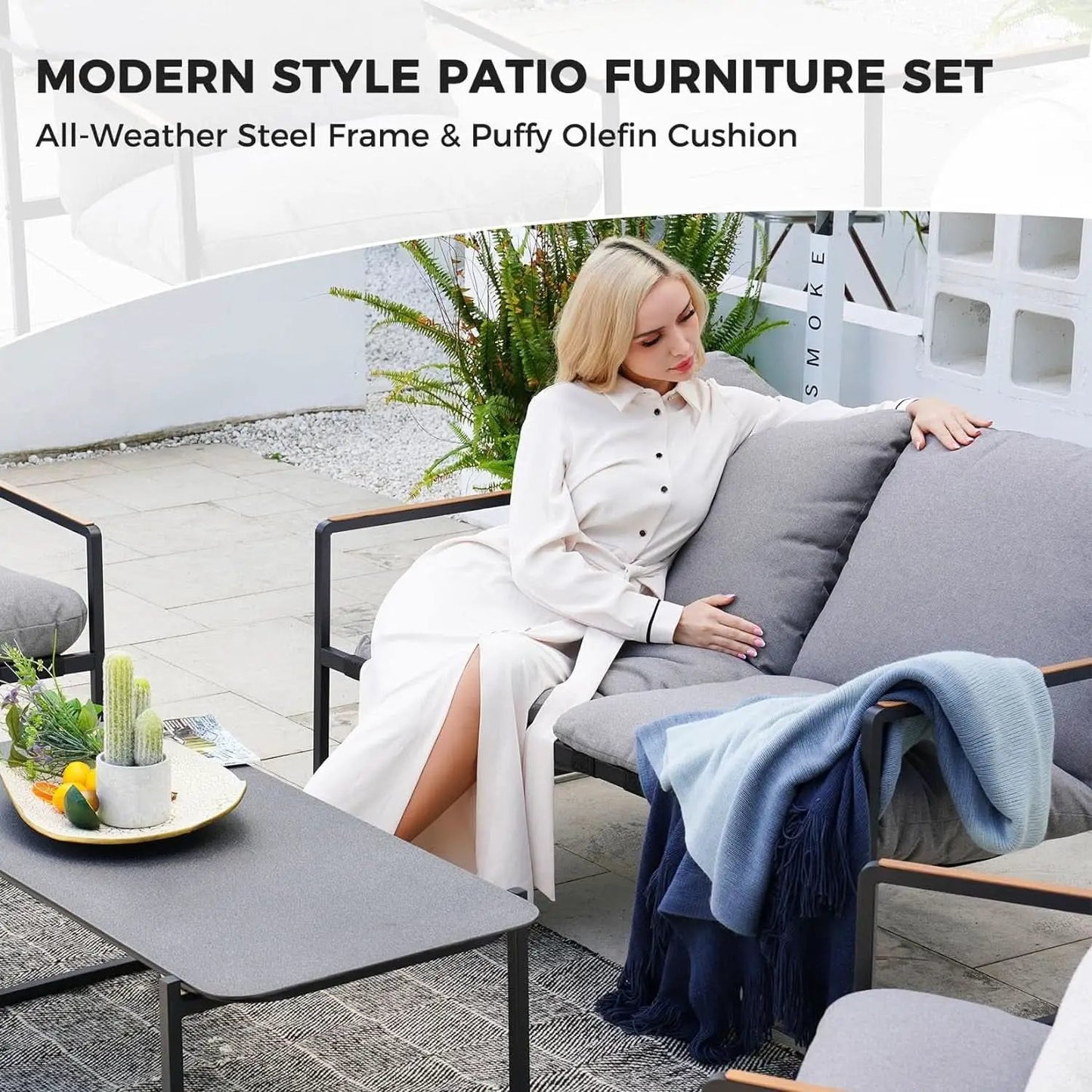 4 Piece Patio Outdoor Furniture Set With Modern Metal Sofa And Coffee Table from PriceLows™