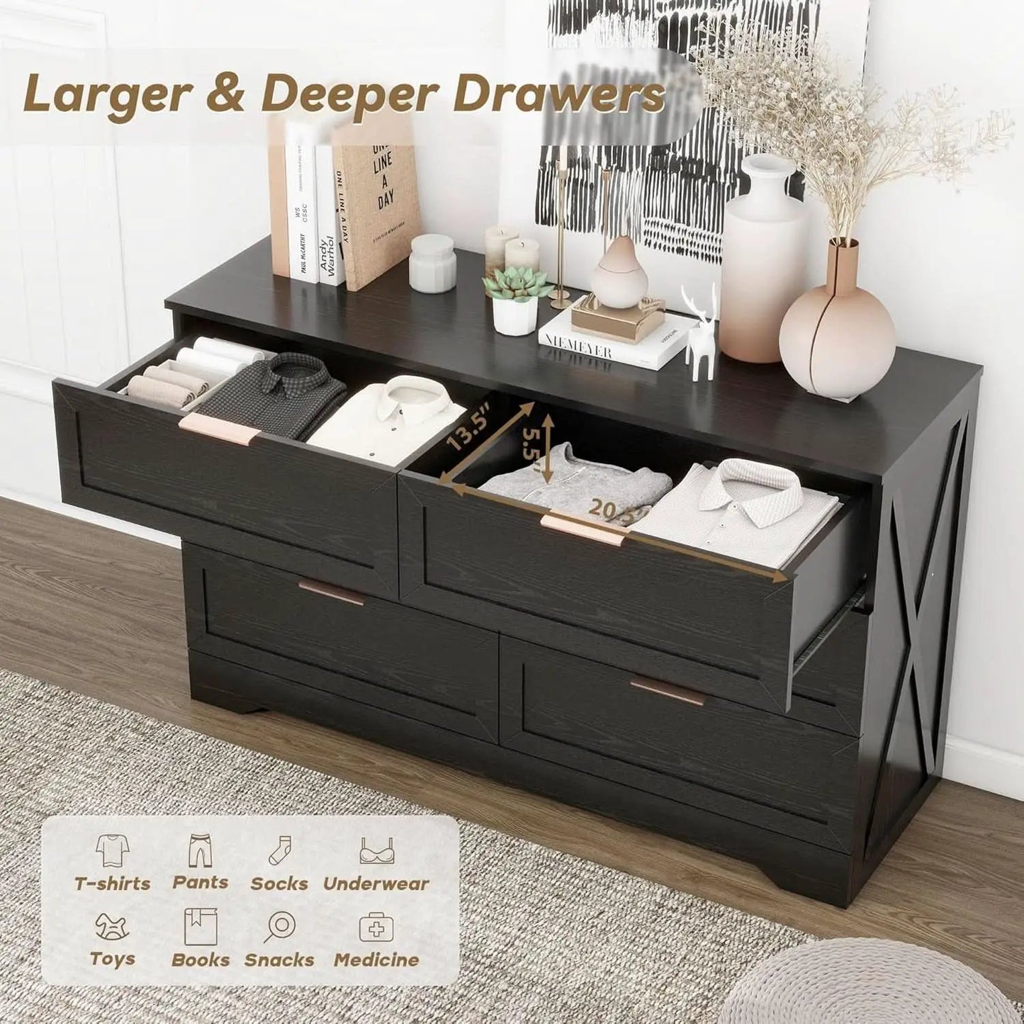Contemporary Black 6 Drawer Dresser With SoftClosing from PriceLows™