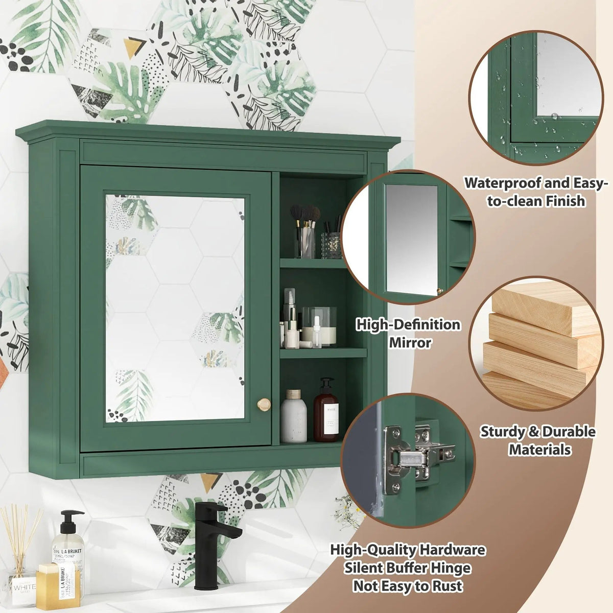 Modern Wall Mounted Medicine Cabinet | 3 Open Shelves | Mirror Door