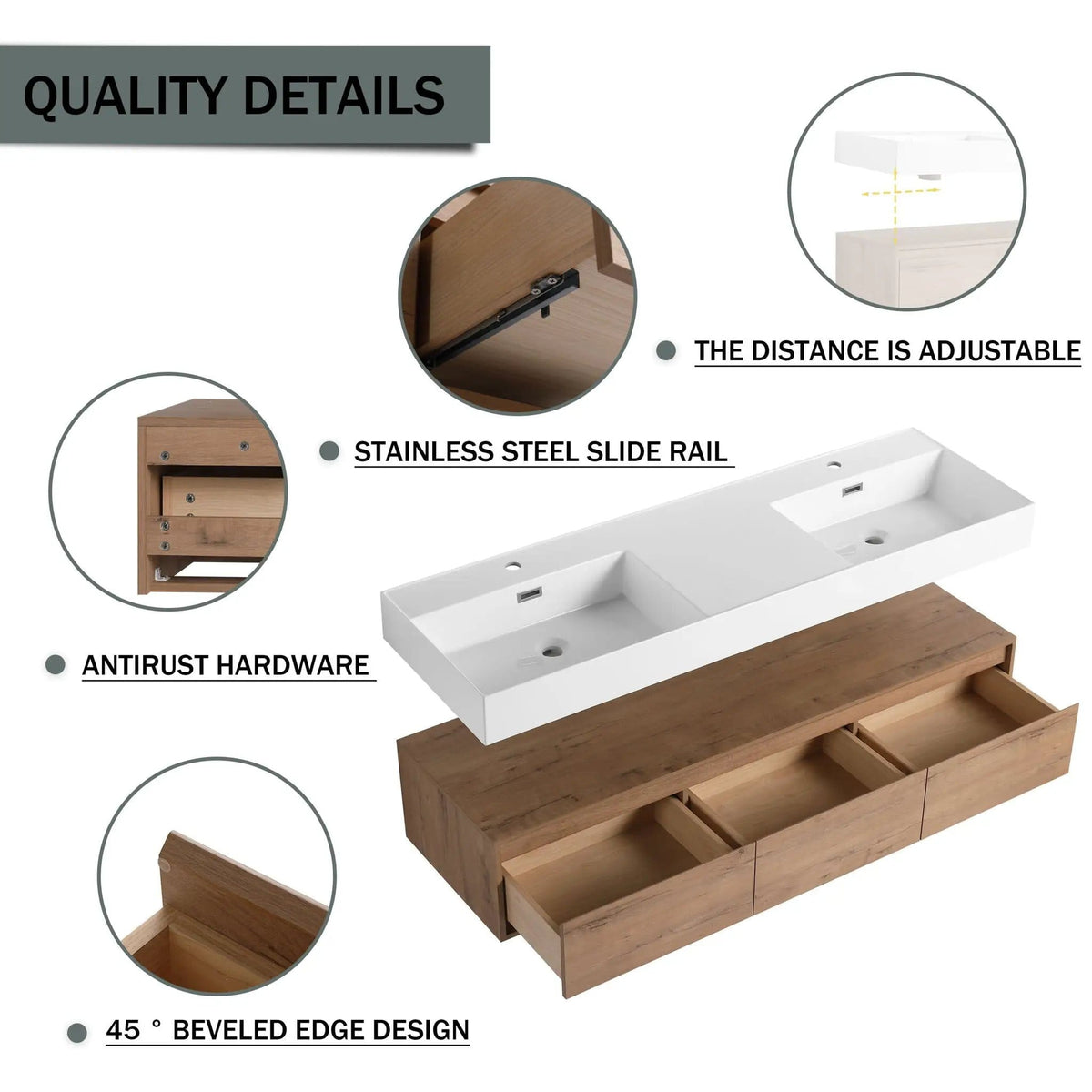 Contemporary Wall Mounted Bathroom Vanity With Dual Resin Sink And Soft Close Drawer | 2 Pieces | Plywood & Resin | Bathroom