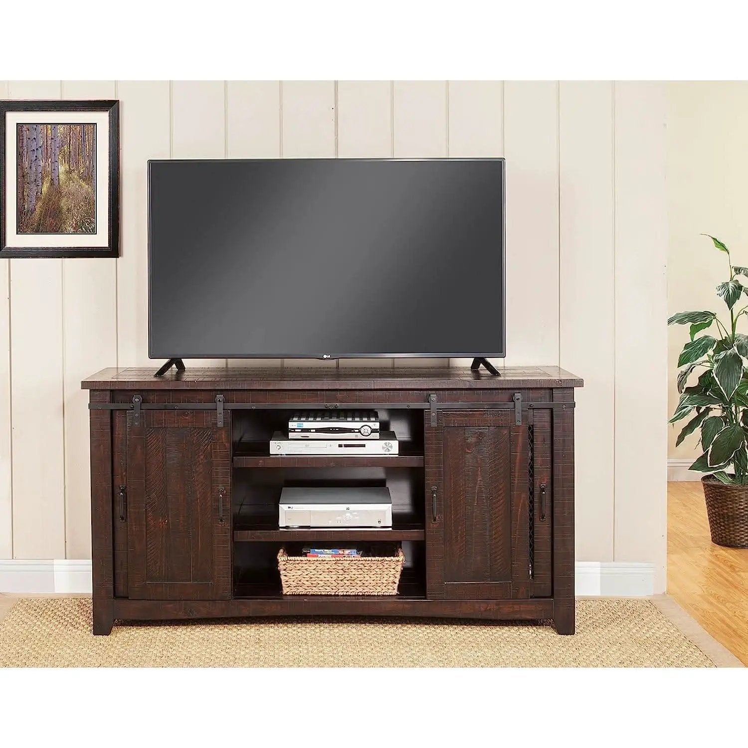 Espresso TV Stand With Sliding Barn Doors Solid Pine from PriceLows™