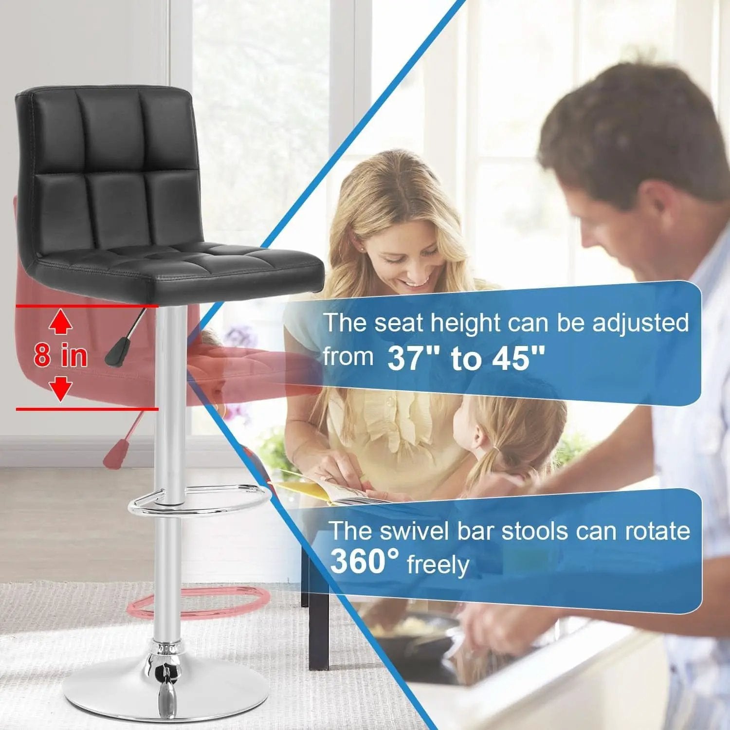 Set Of 2 Adjustable Swivel Bar Stools Black PU Leather from PriceLows™