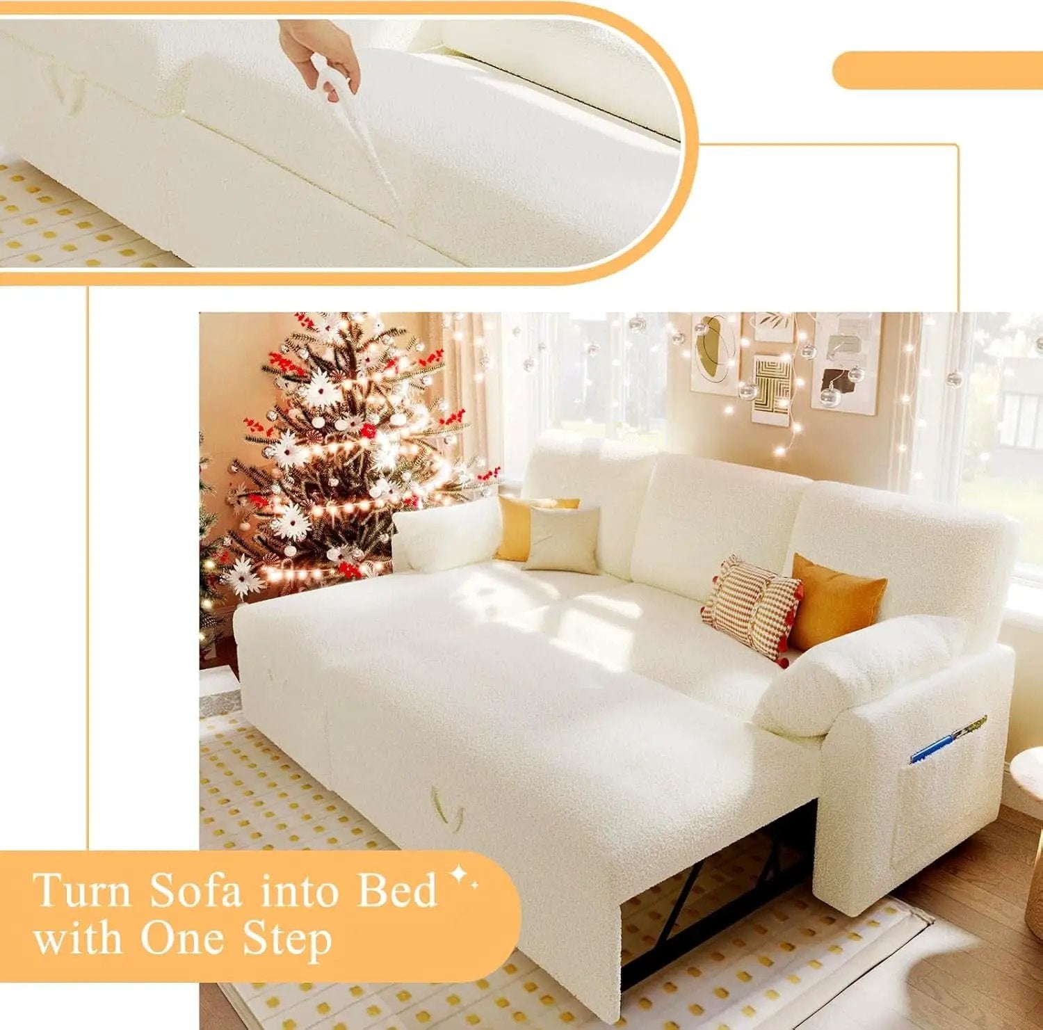Sleeper Sofa Bed With Storage Chaise In White Boucle from PriceLows™