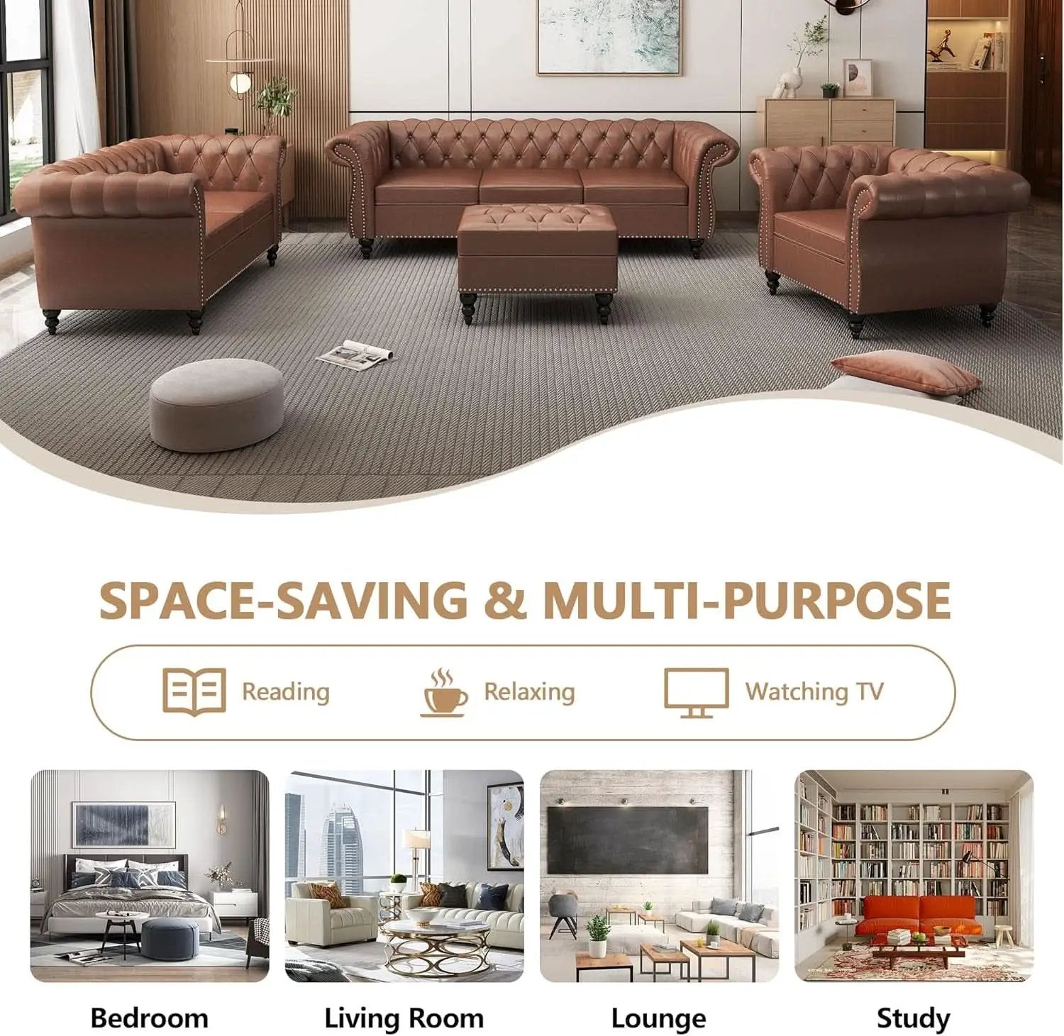 3 Piece Living Room Set With Sectional Chesterfield Sofa Chair And Leather Upholstered Loveseat from PriceLows™
